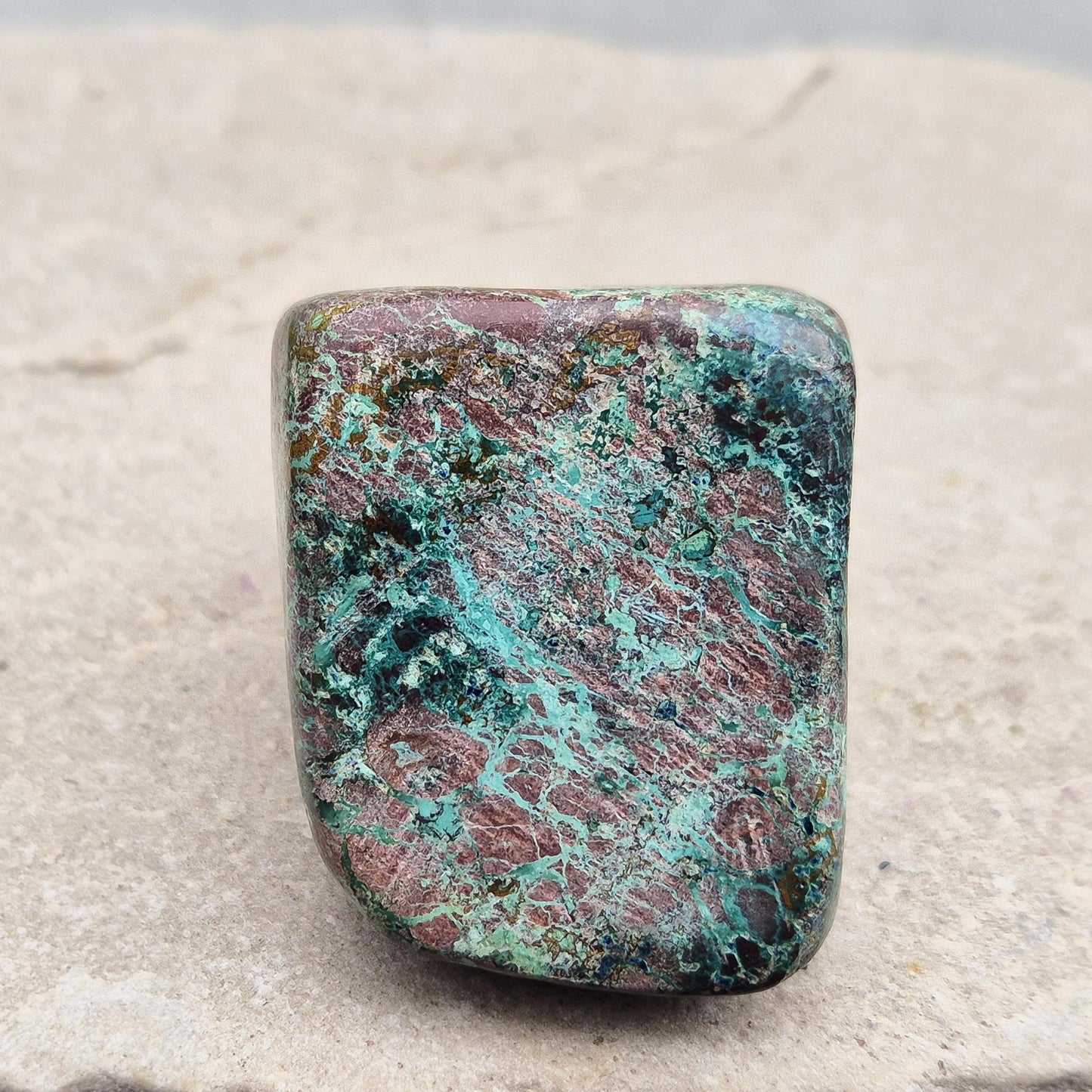 Shattuckite with Chrysocolla & Cuprite in polished form. Vivid copper-rich crystal blend for insight, emotional harmony, and steady grounding.