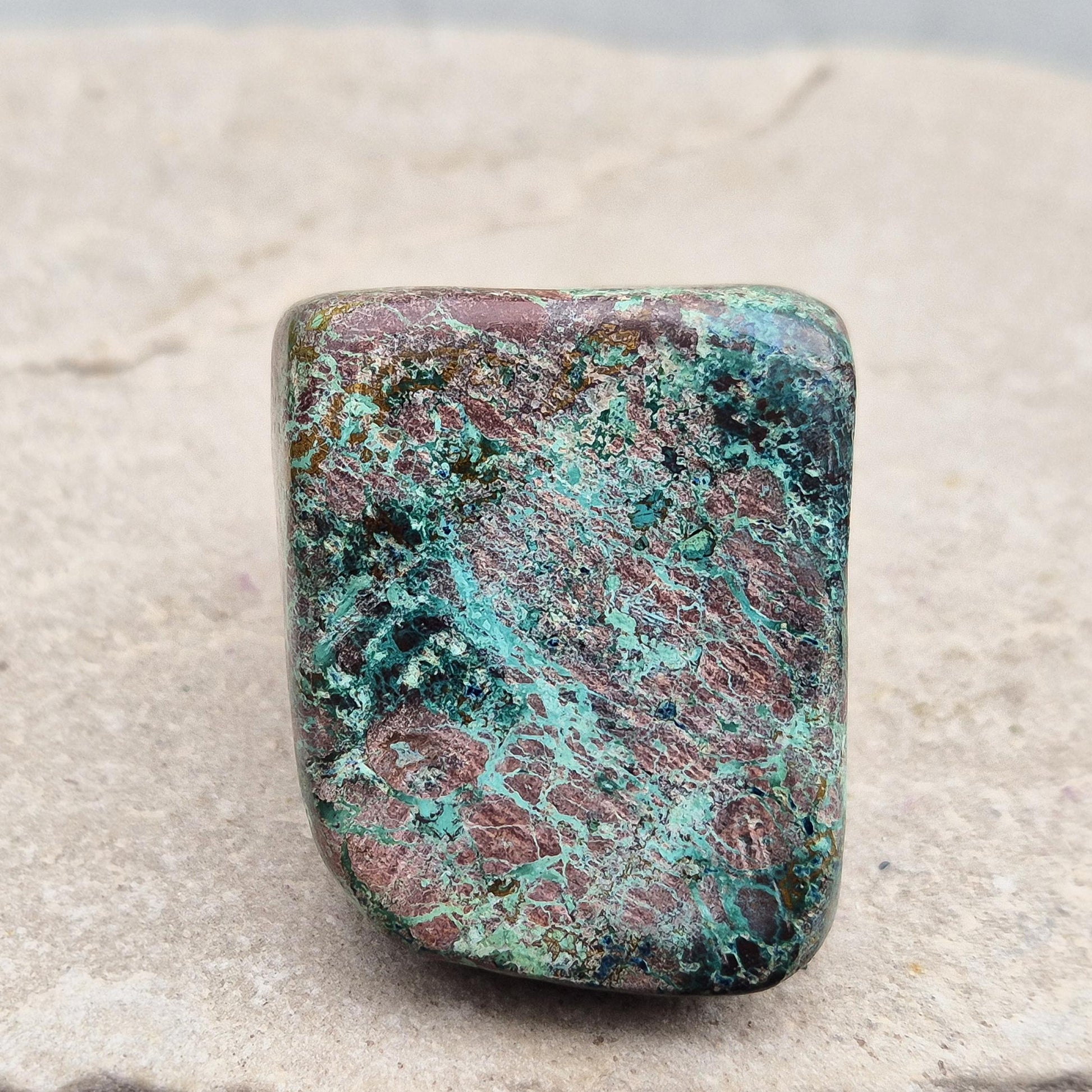 Shattuckite with Chrysocolla & Cuprite in polished form. Vivid copper-rich crystal blend for insight, emotional harmony, and steady grounding.
