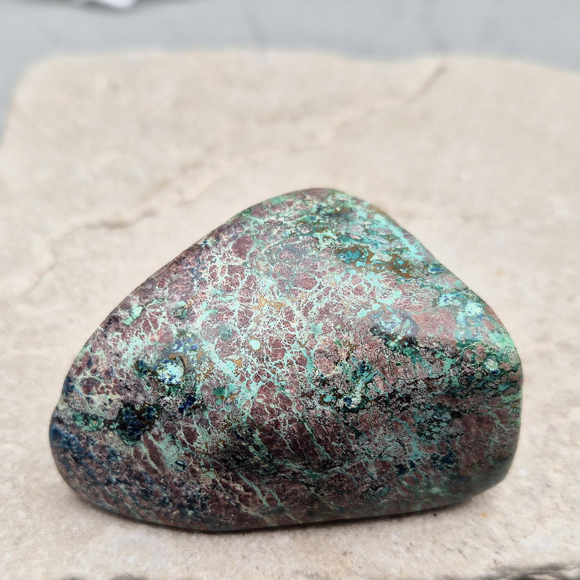 Shattuckite with Chrysocolla & Cuprite in polished form. Vivid copper-rich crystal blend for insight, emotional harmony, and steady grounding.