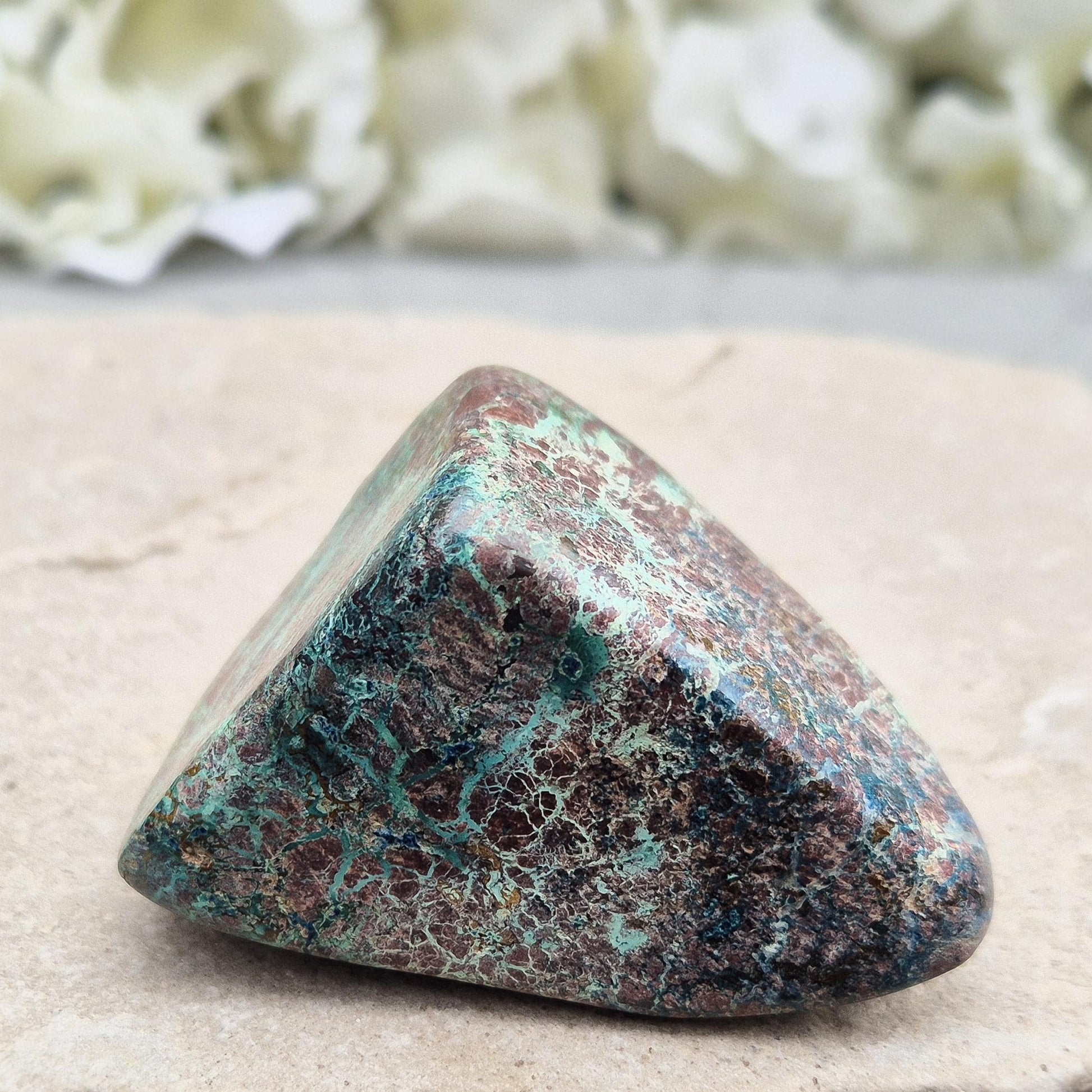 Shattuckite with Chrysocolla & Cuprite in polished form. Vivid copper-rich crystal blend for insight, emotional harmony, and steady grounding.