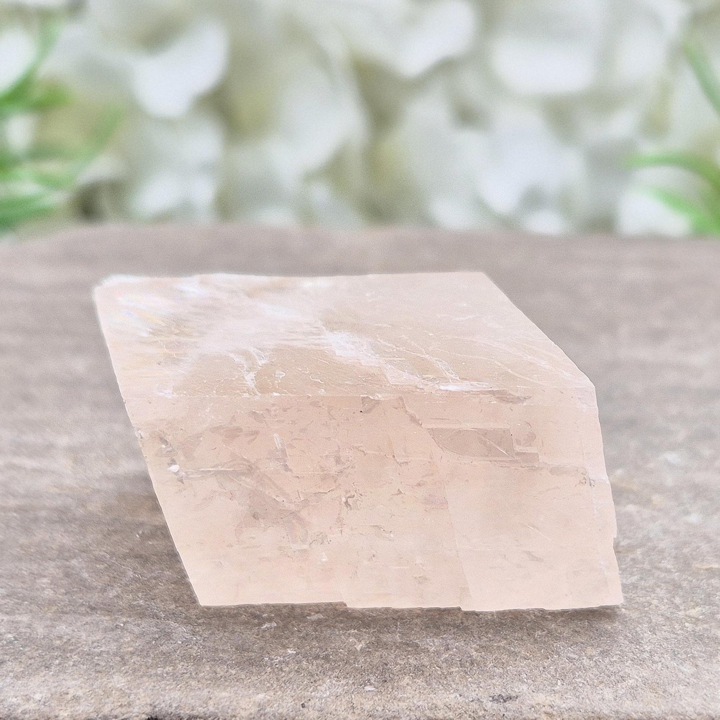 Pale pink watermelon calcite, no green hues, from Mexico. Ideal for heart chakra support, emotional calm, and gentle self-care with nurturing energy.