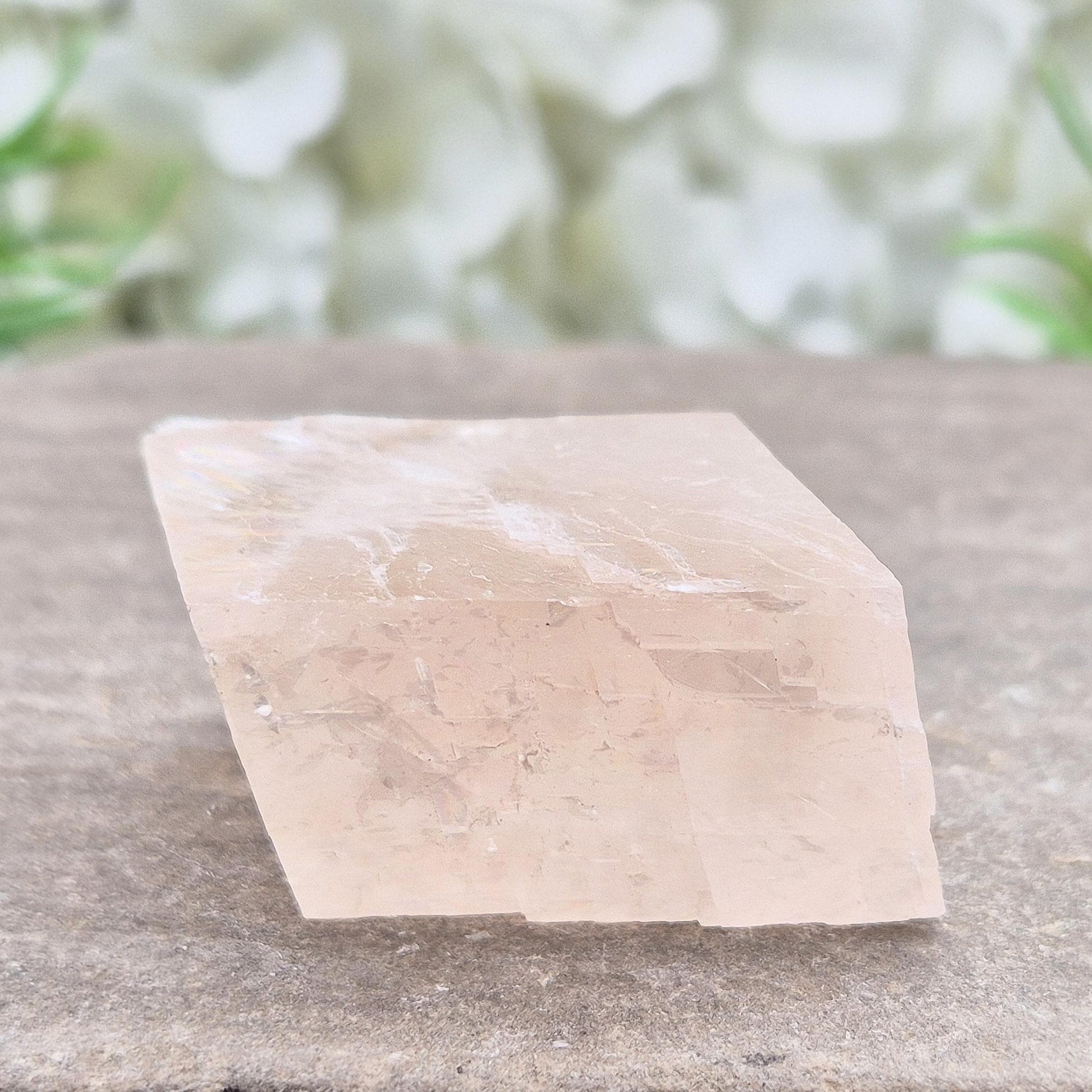 Pale pink watermelon calcite, no green hues, from Mexico. Ideal for heart chakra support, emotional calm, and gentle self-care with nurturing energy.