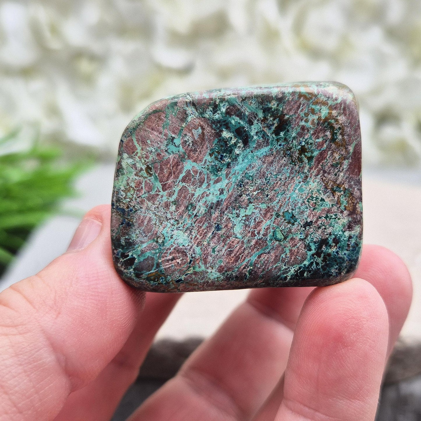 Shattuckite with Chrysocolla & Cuprite in polished form. Vivid copper-rich crystal blend for insight, emotional harmony, and steady grounding.