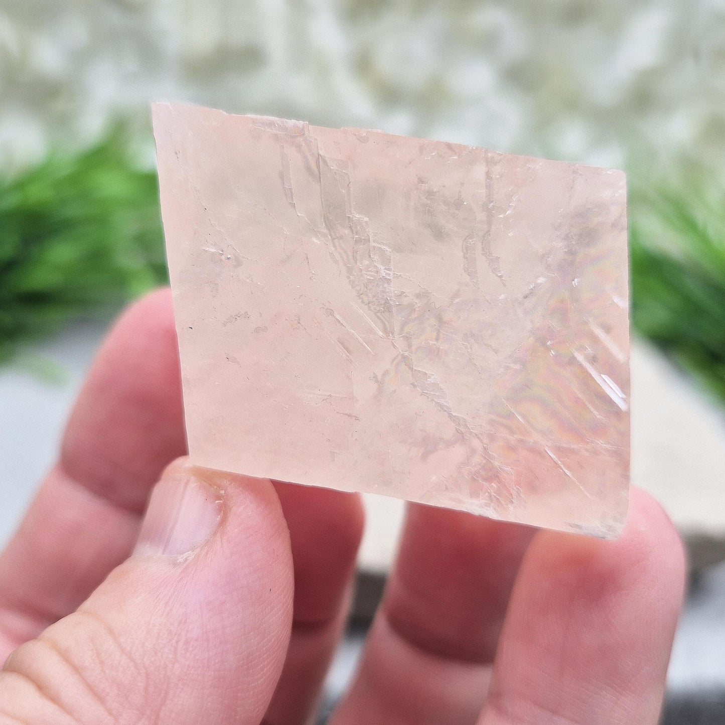 Pale pink watermelon calcite, no green hues, from Mexico. Ideal for heart chakra support, emotional calm, and gentle self-care with nurturing energy.