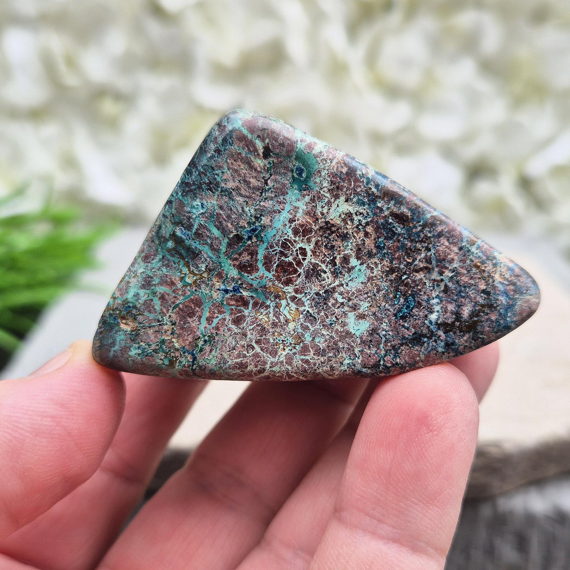 Shattuckite with Chrysocolla & Cuprite in polished form. Vivid copper-rich crystal blend for insight, emotional harmony, and steady grounding.