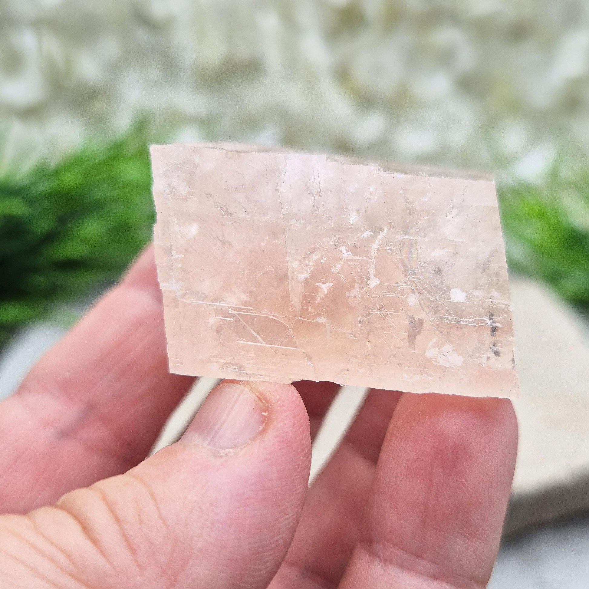 Pale pink watermelon calcite, no green hues, from Mexico. Ideal for heart chakra support, emotional calm, and gentle self-care with nurturing energy.