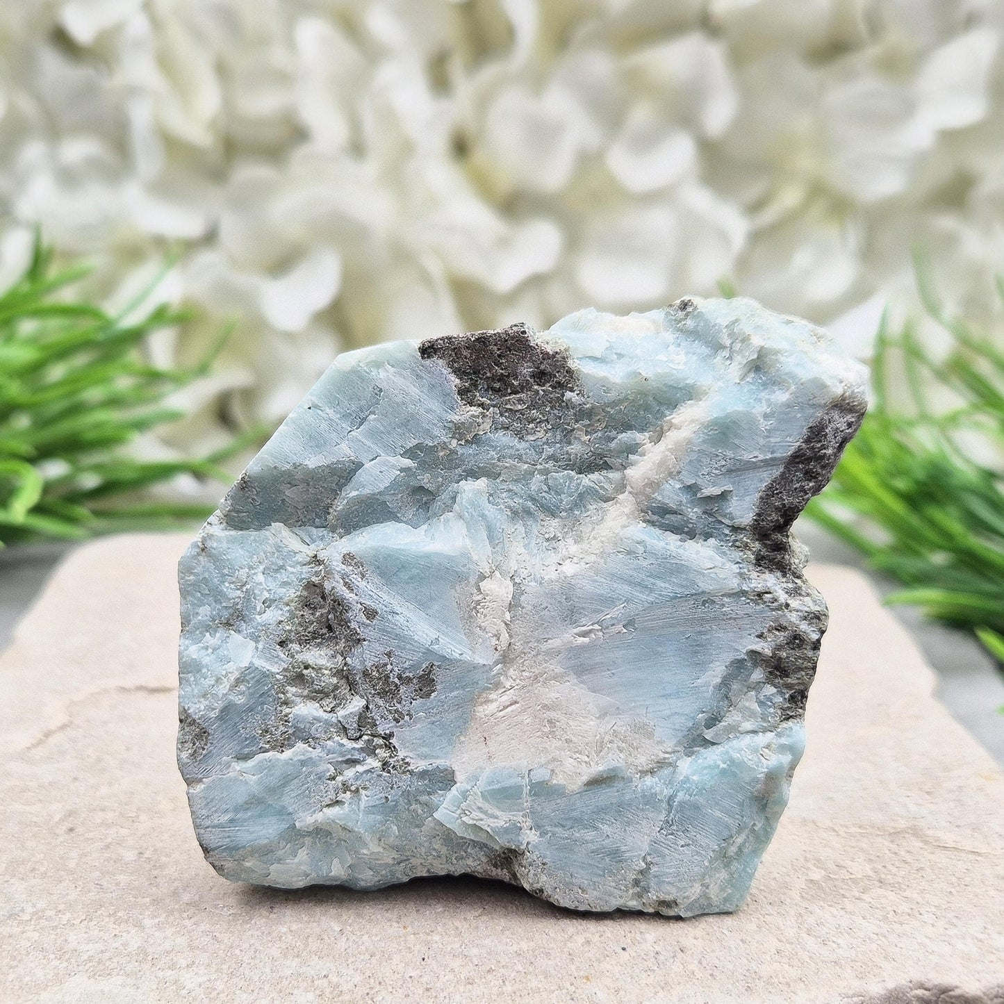 Larimar crystal from the Dominican Republic. Calming energy for peace, feminine flow, and emotional healing. A great addition to your collection.
