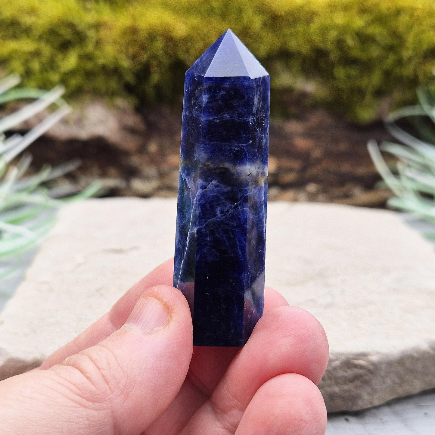 Sodalite Point – Inspires clarity, balance & confidence. Ideal for focus, reflection & crystal collections. Beautiful deep blue hues. 