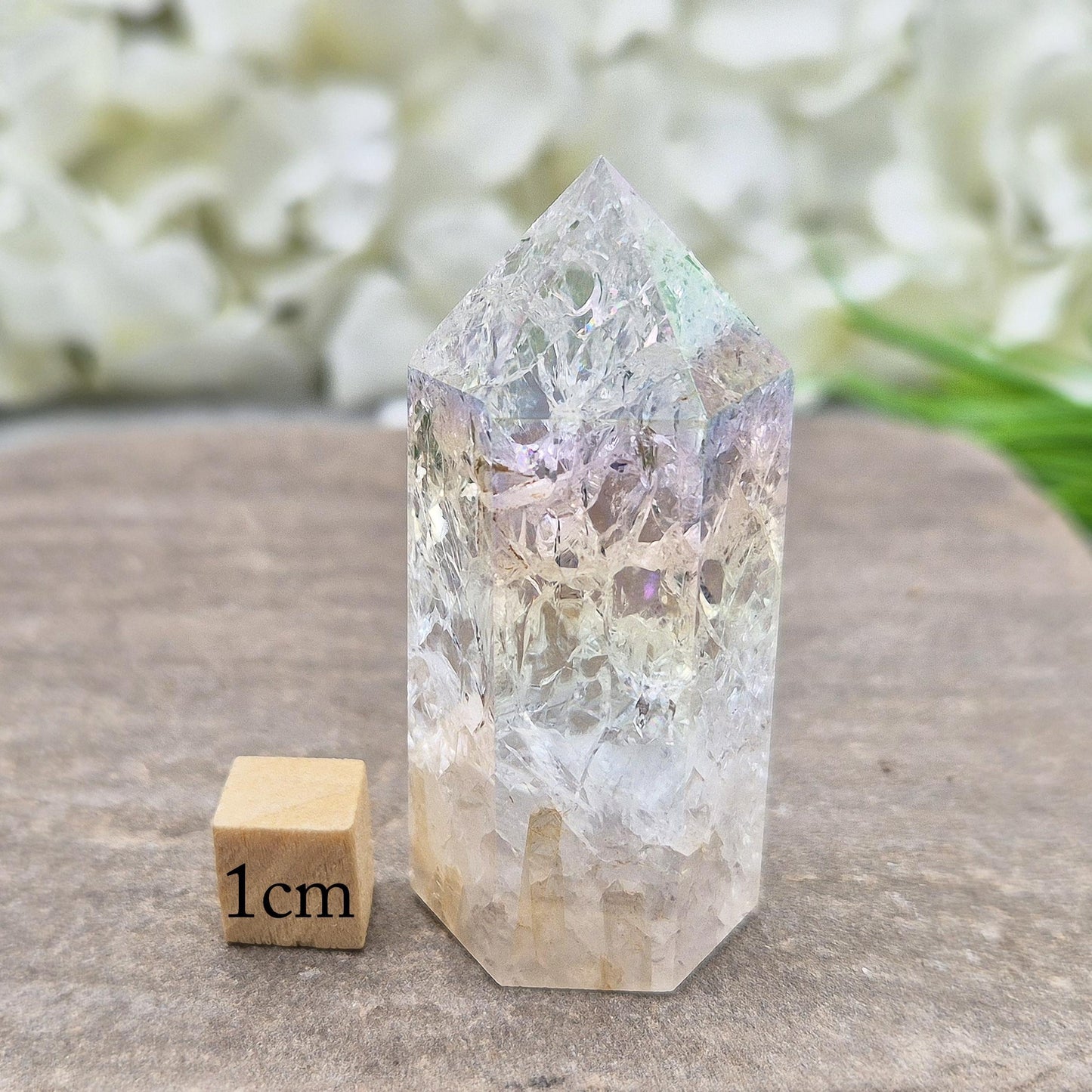 Aura Fire and Ice Quartz Standing Point, Unicorn Horn, Rainbow Quartz