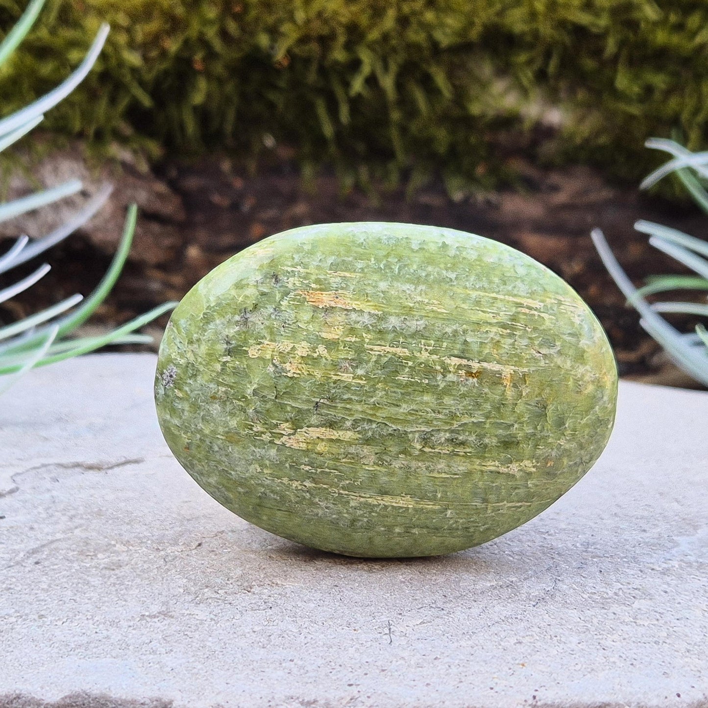 Tremolite palm stone – A polished crystal, perfect for mindful practices, promoting tranquility, and adding a serene touch to any space.