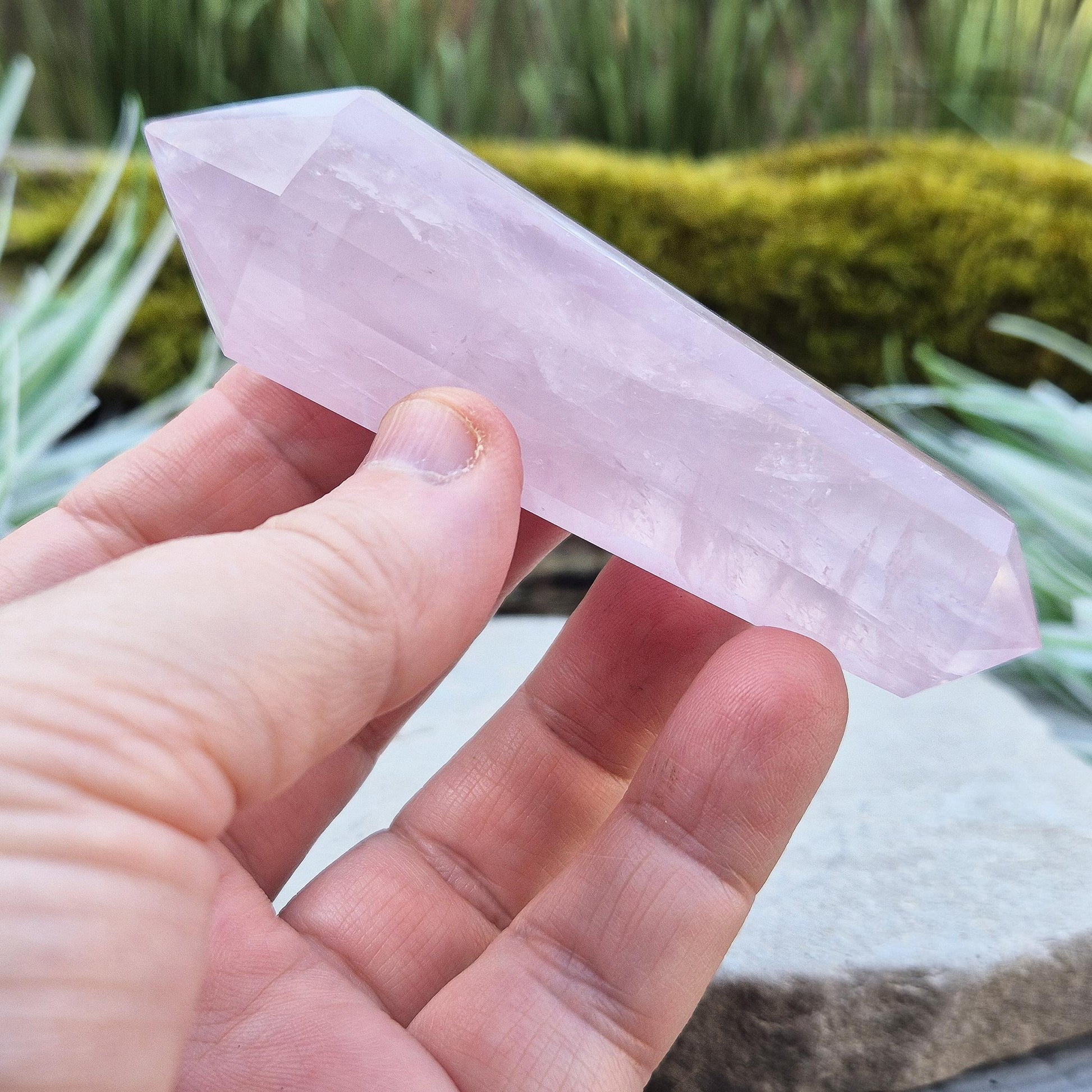 Rose Quartz Vogel Wand – a 12 sided polished vogel cut crystal, perfect for directing energy, promoting balance, and enhancing mindful or spiritual practices.