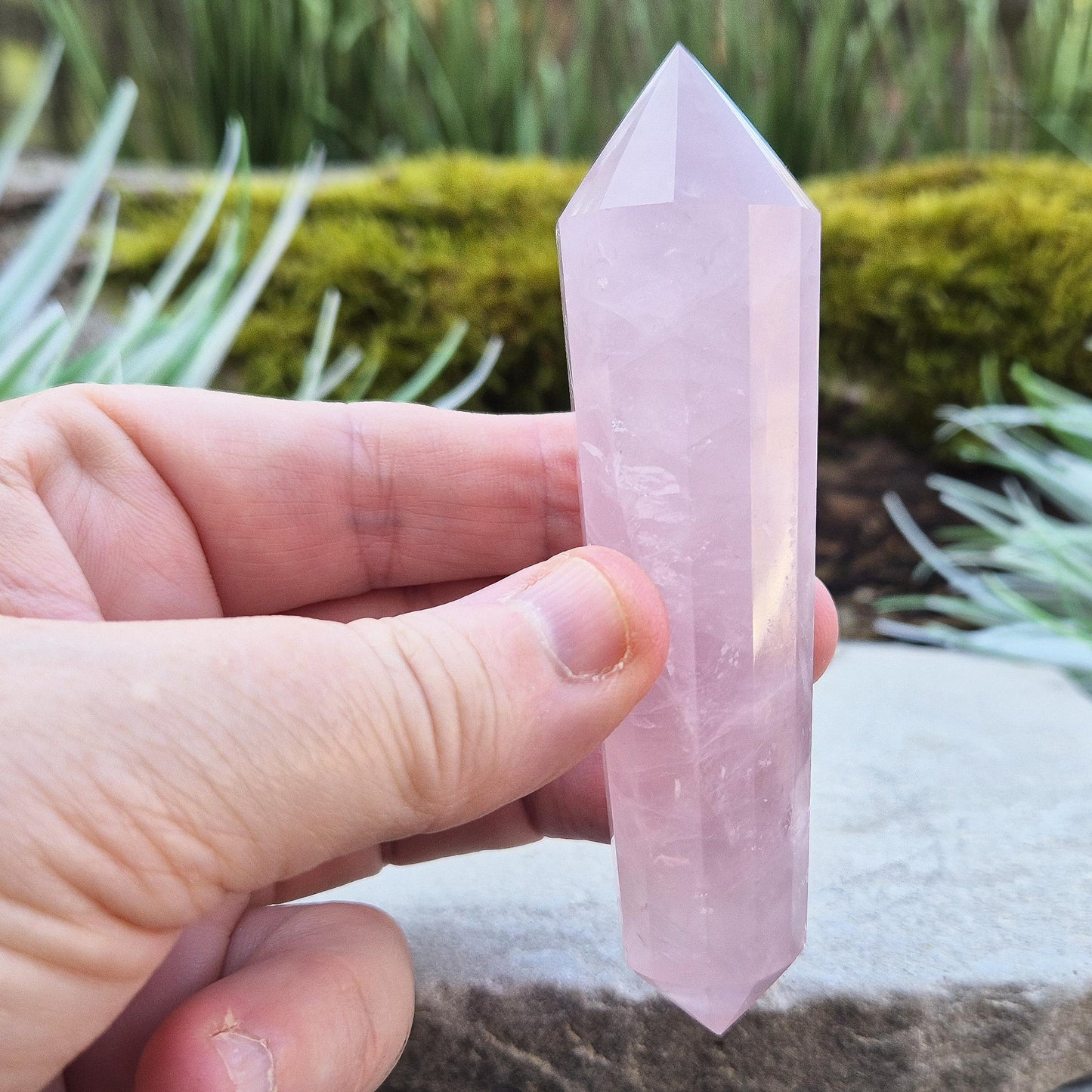 Rose Quartz Vogel Wand – a 12 sided polished vogel cut crystal, perfect for directing energy, promoting balance, and enhancing mindful or spiritual practices.