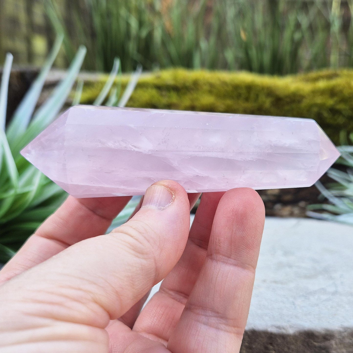Rose Quartz Vogel Cut Double Terminated Crystal Wand, clear acrylic wand stand included