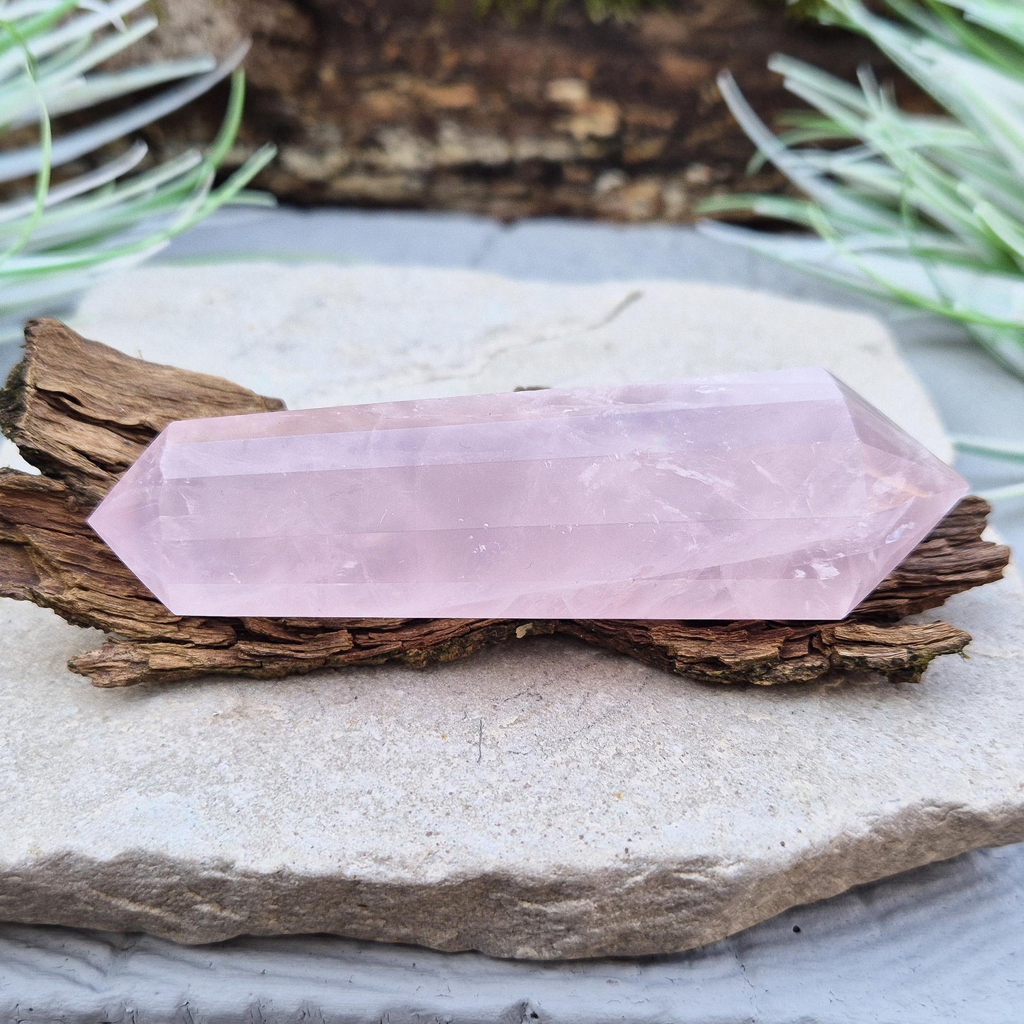 Rose Quartz Vogel Cut Double Terminated Crystal Wand, clear acrylic wand stand included