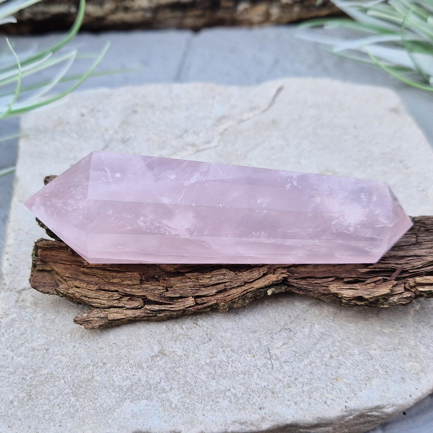 Rose Quartz Vogel Cut Double Terminated Crystal Wand, clear acrylic wand stand included