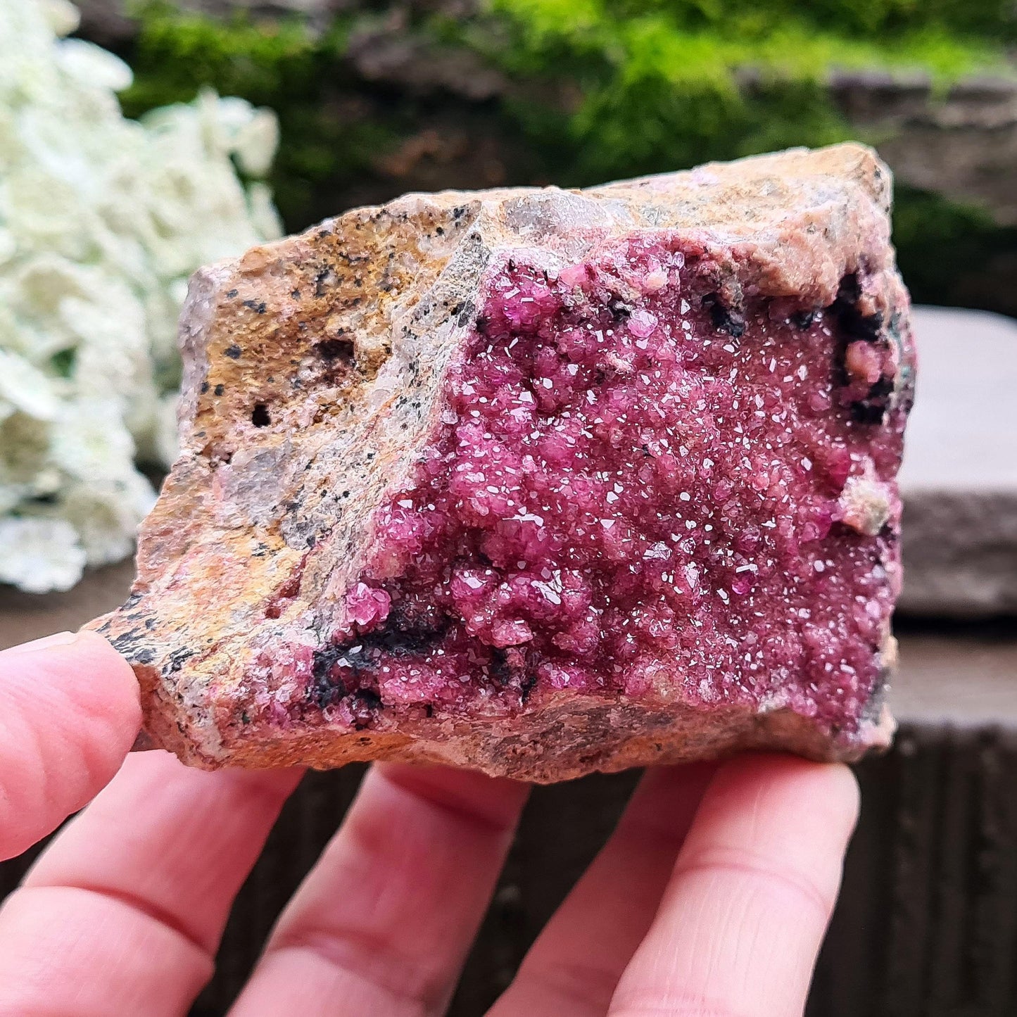 Sparkling Cobalto Calcite from Morocco. A striking pink crystal cluster linked with heart energy, emotional healing, and compassion after difficult times.