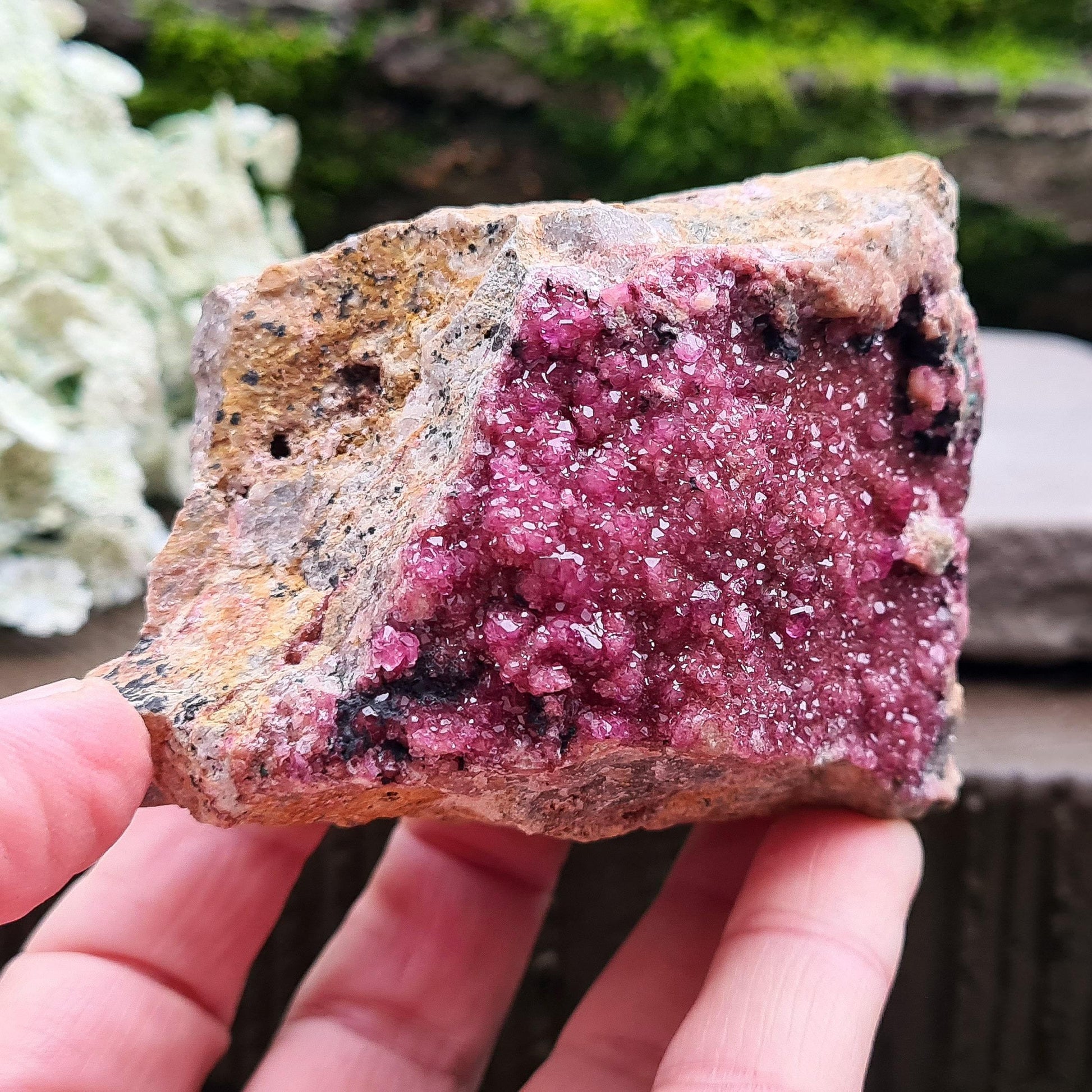 Sparkling Cobalto Calcite from Morocco. A striking pink crystal cluster linked with heart energy, emotional healing, and compassion after difficult times.