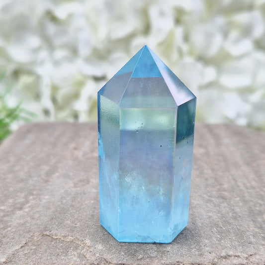 Aqua Aura Quartz Crystal Point: Gold Bonded Healing Decor