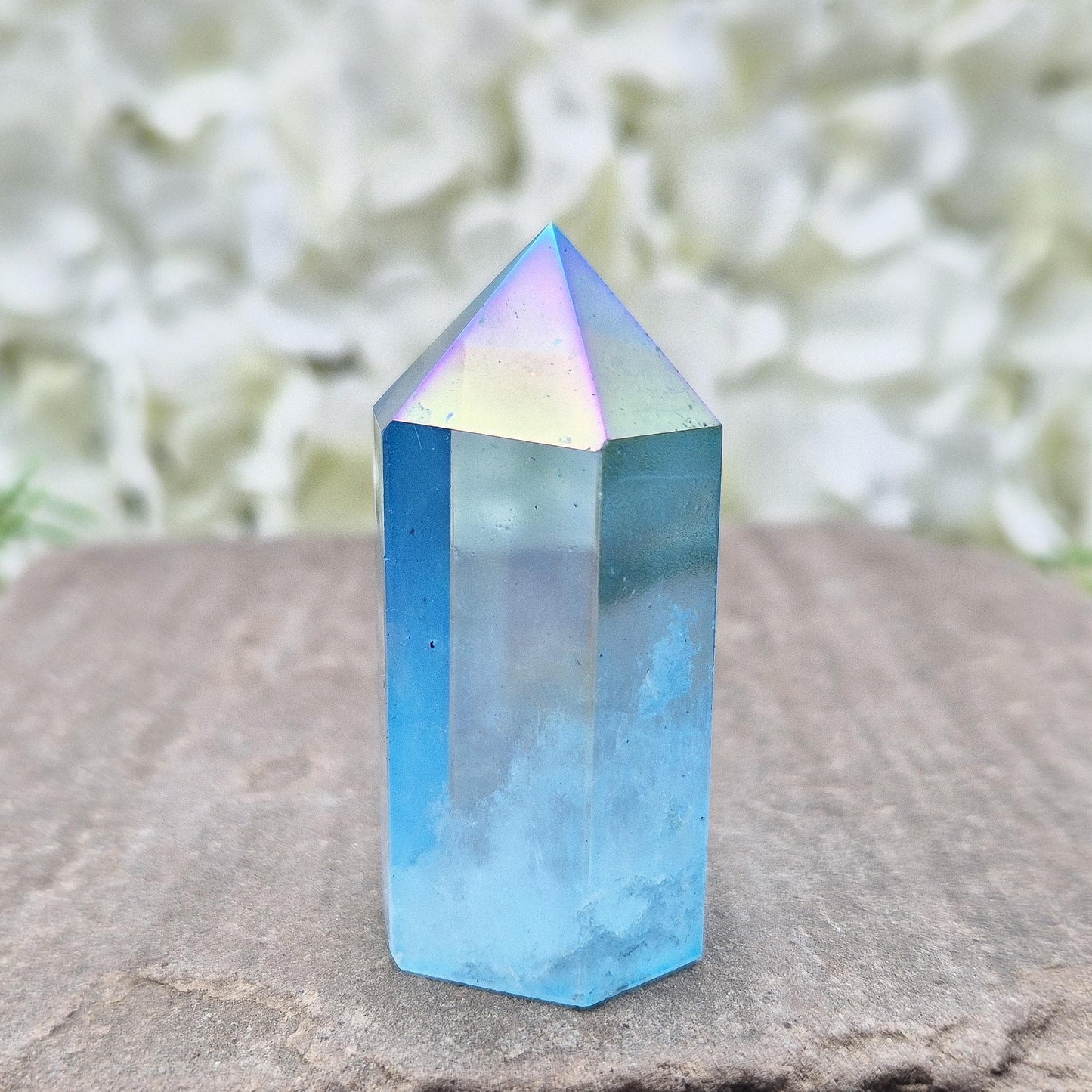 Aqua Aura Quartz Crystal Point: Gold Bonded Healing Decor
