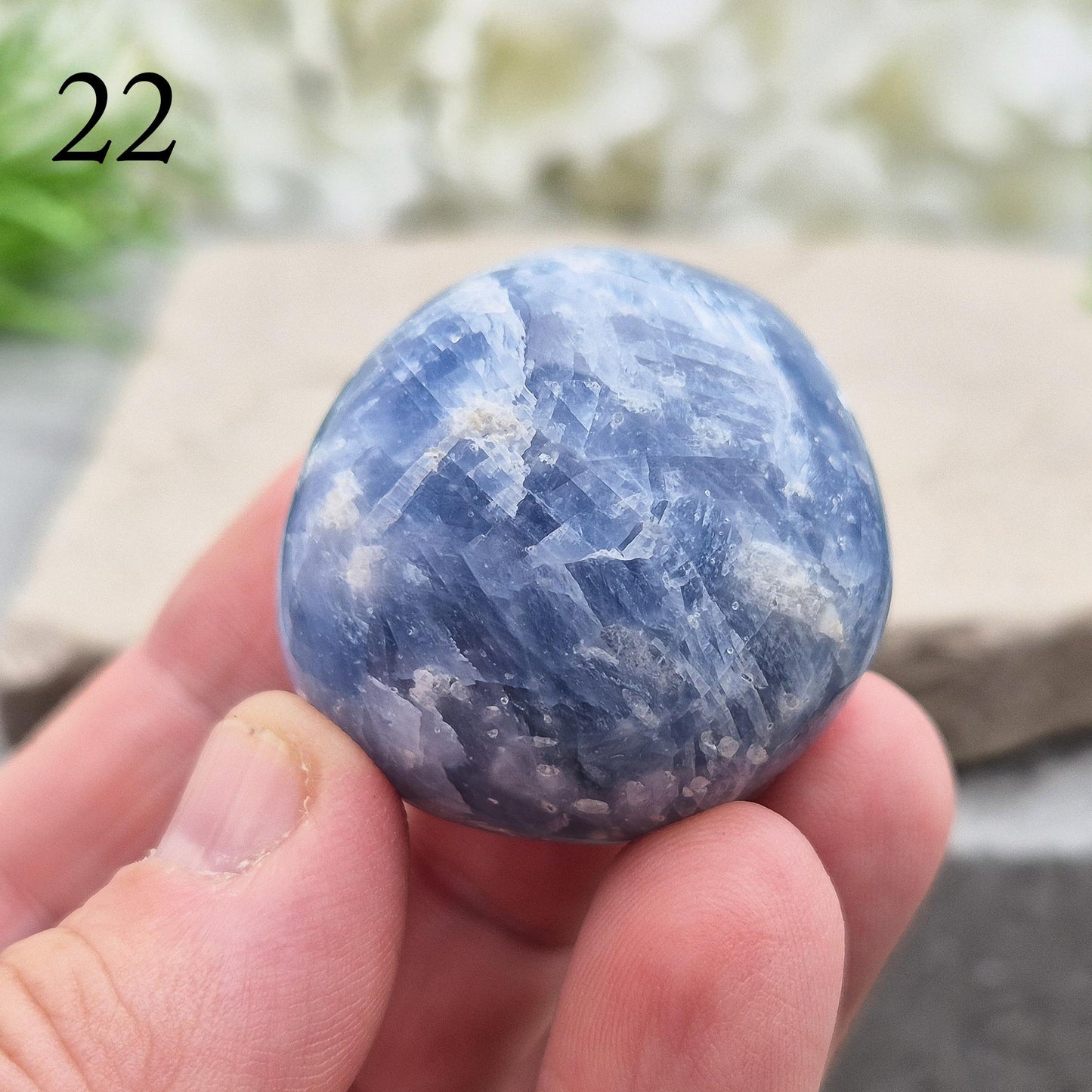 Soothing Blue Calcite palm from Madagascar. A gentle crystal for calm, communication and emotional clarity. Ideal for anxiety, stress and soft energy work.