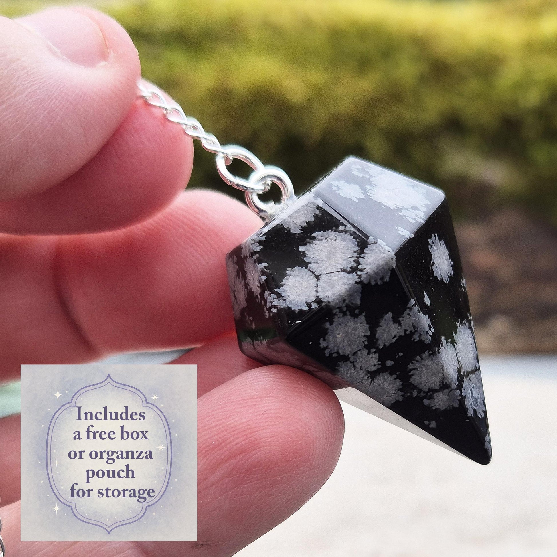 Snowflake Obsidian crystal pendulum – a sleek, elegant tool for focus, clarity, and balanced decision-making. Great tool for divination