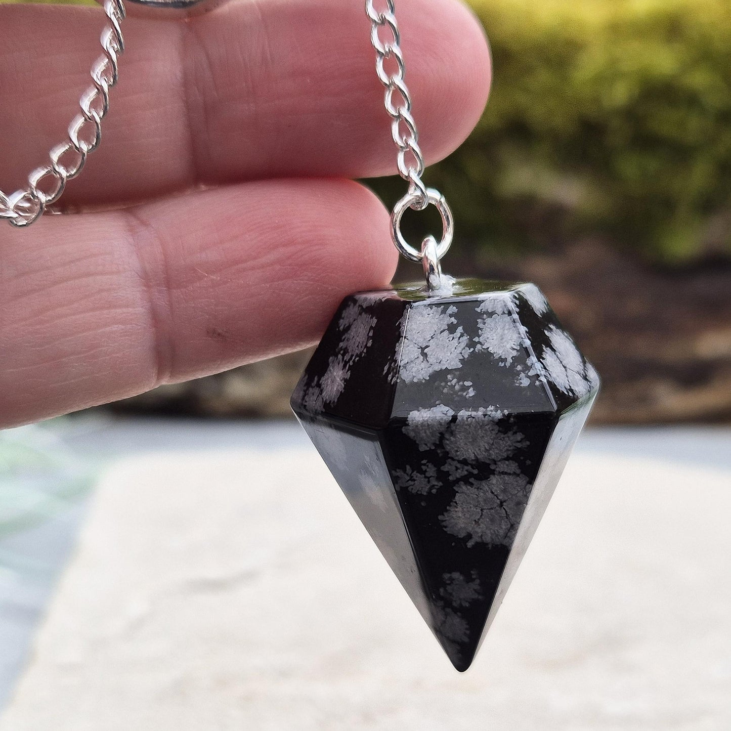 Snowflake Obsidian crystal pendulum – a sleek, elegant tool for focus, clarity, and balanced decision-making. Great tool for divination
