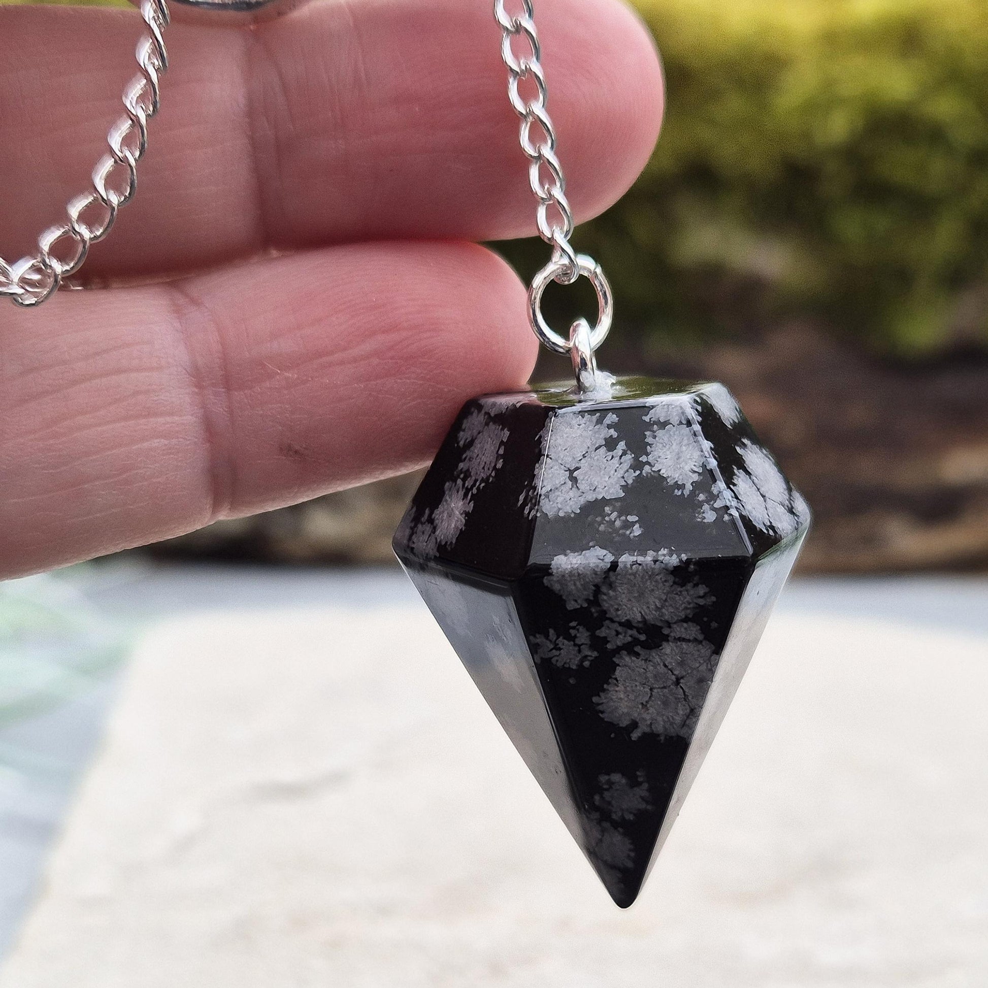 Snowflake Obsidian crystal pendulum – a sleek, elegant tool for focus, clarity, and balanced decision-making. Great tool for divination