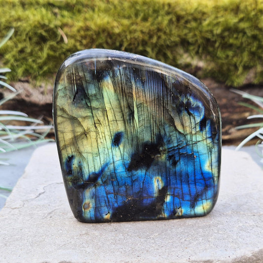 Labradorite freeform—mesmerizing flashes of blue, gold & green. A powerful stone for intuition, protection & transformation. Unique & high-energy.