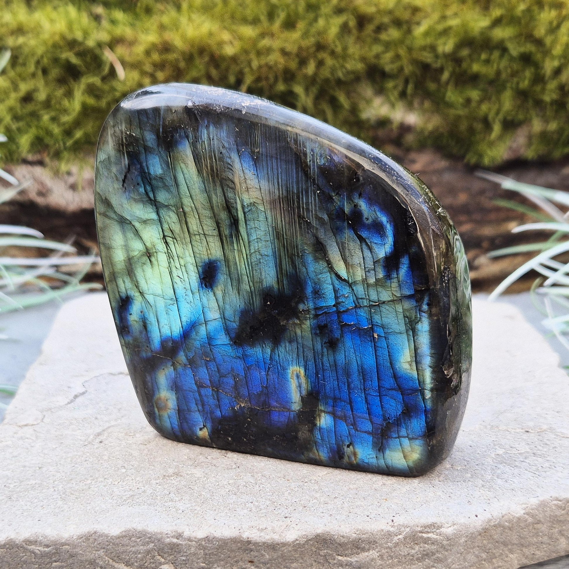 Labradorite freeform—mesmerizing flashes of blue, gold & green. A powerful stone for intuition, protection & transformation. Unique & high-energy.