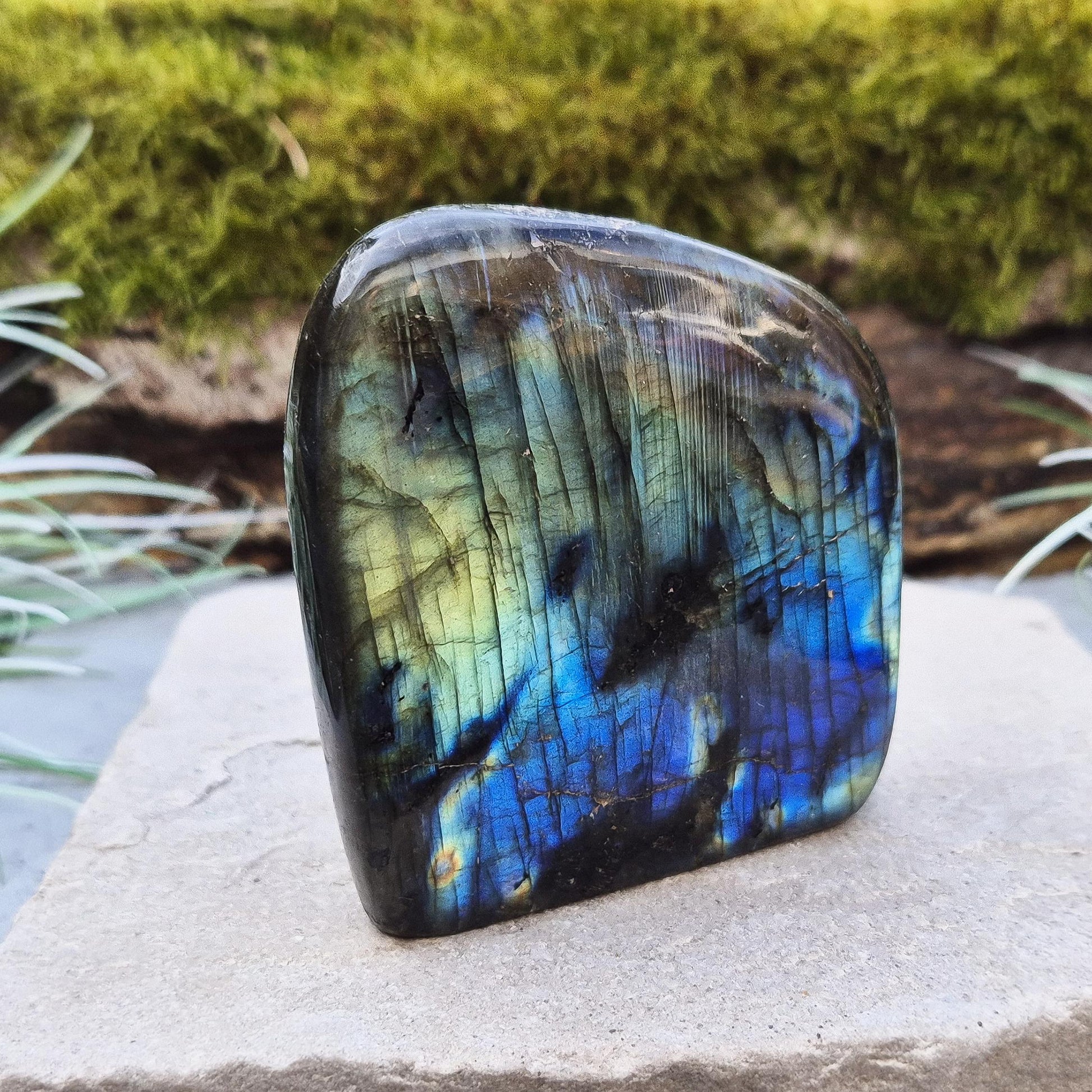Labradorite freeform—mesmerizing flashes of blue, gold & green. A powerful stone for intuition, protection & transformation. Unique & high-energy.