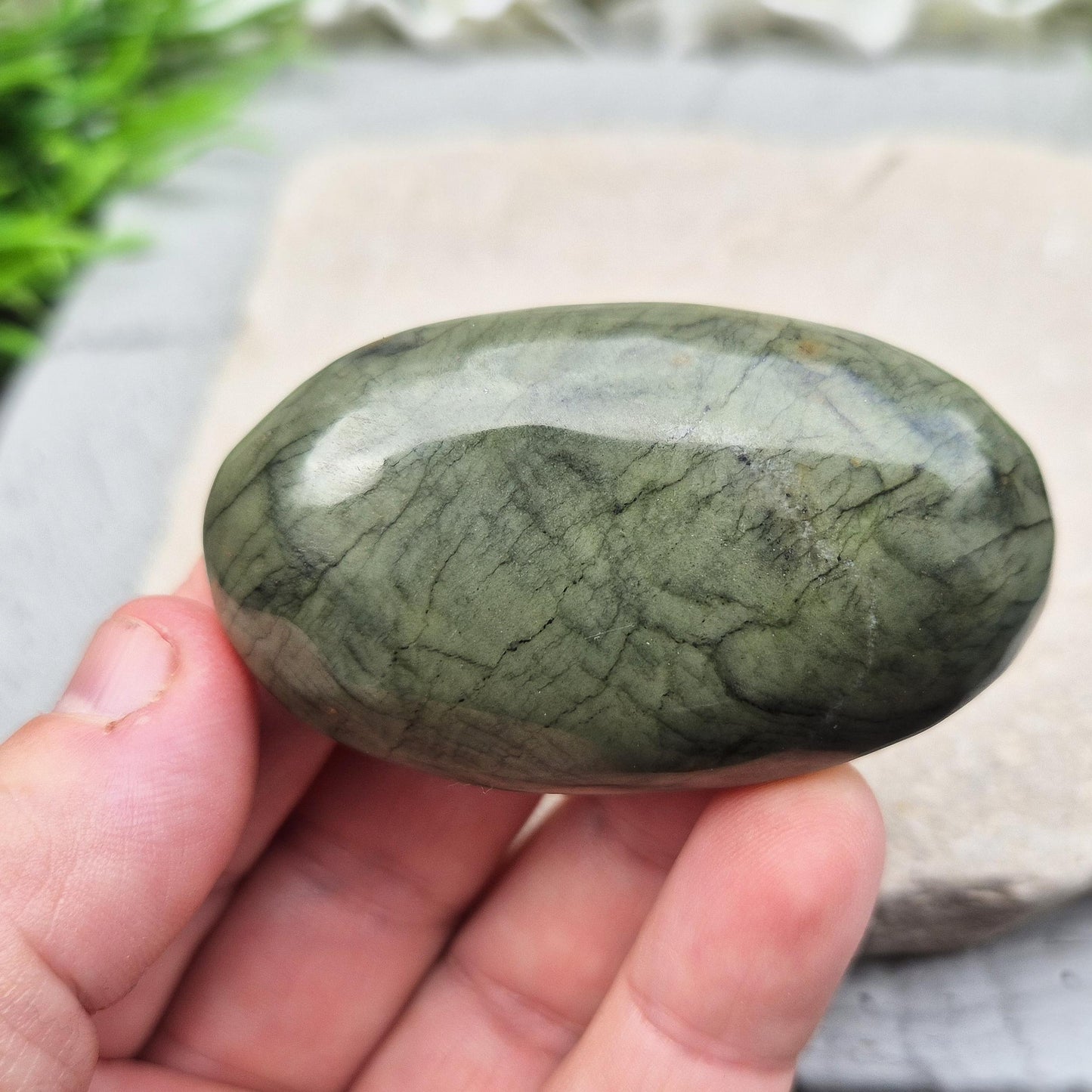 Polished Nephrite Jade palm stone from Pakistan. Deep green tones with grounding, peaceful energy. A timeless symbol of prosperity, strength, and renewal.