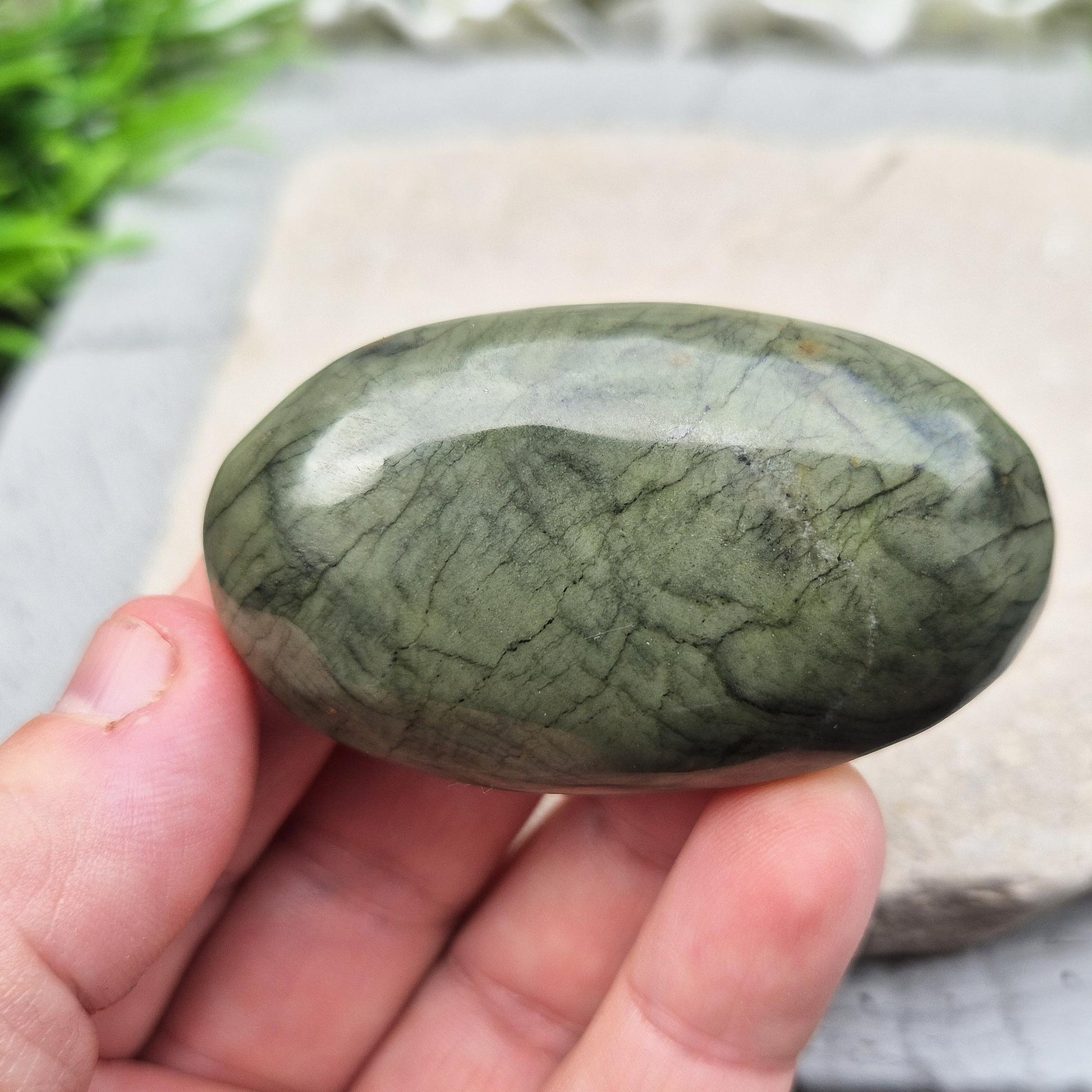 Polished Nephrite Jade palm stone from Pakistan. Deep green tones with grounding, peaceful energy. A timeless symbol of prosperity, strength, and renewal.