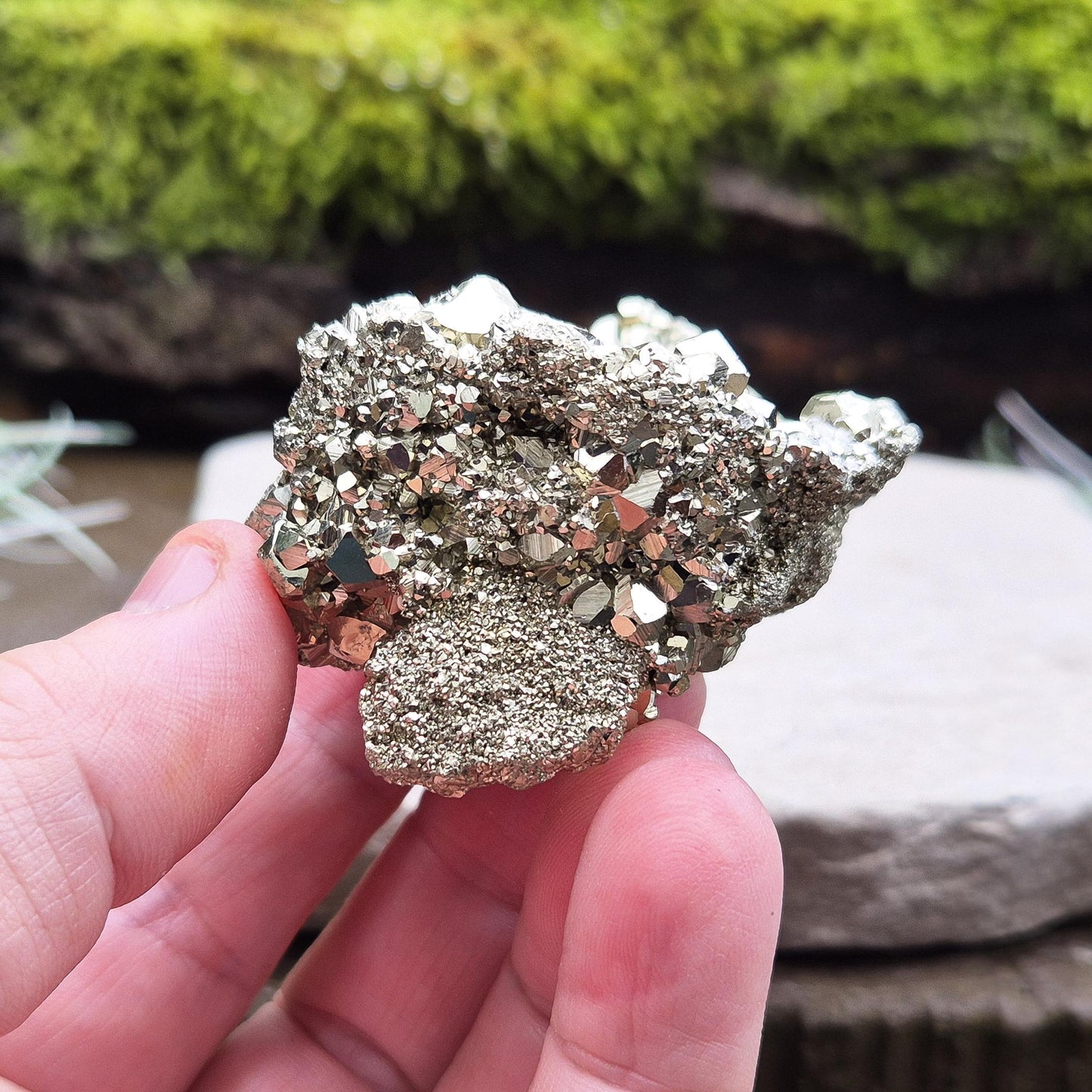 Shop our stunning cubic Pyrite cluster, known for its grounding energy and creative inspiration. Perfect for collectors and crystal enthusiasts.
