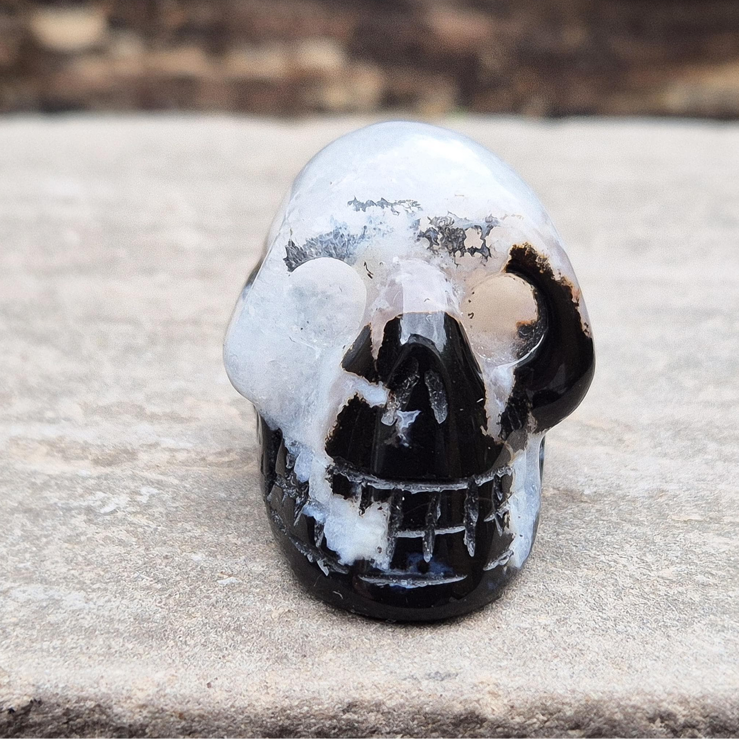 Polished Sardonyx and Jasper Skull from Brazil for wisdom, clarity, and protection. Connects you to ancestral strength and inner guidance. 