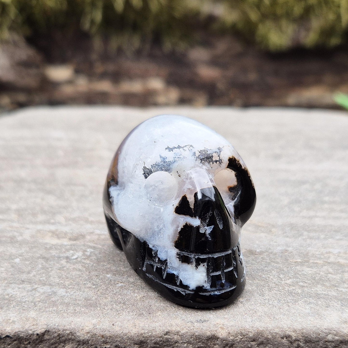 Polished Sardonyx and Jasper Skull from Brazil for wisdom, clarity, and protection. Connects you to ancestral strength and inner guidance. 