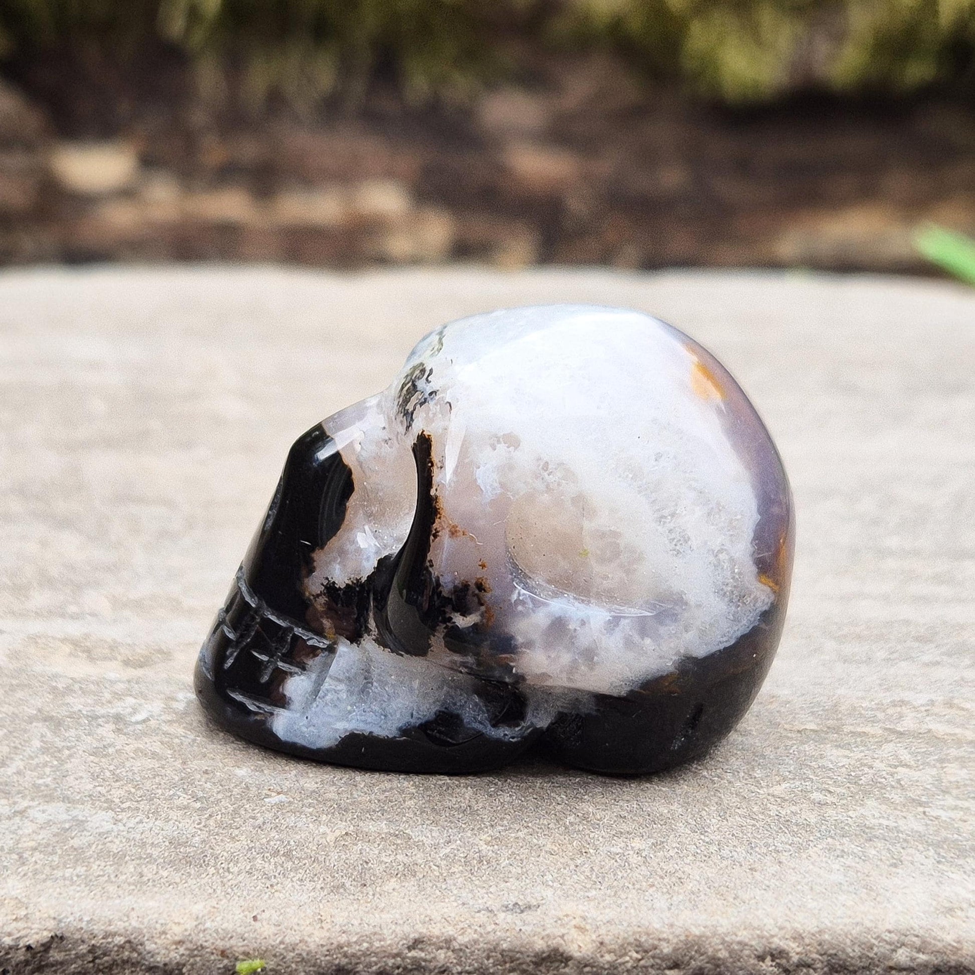 Polished Sardonyx and Jasper Skull from Brazil for wisdom, clarity, and protection. Connects you to ancestral strength and inner guidance. 