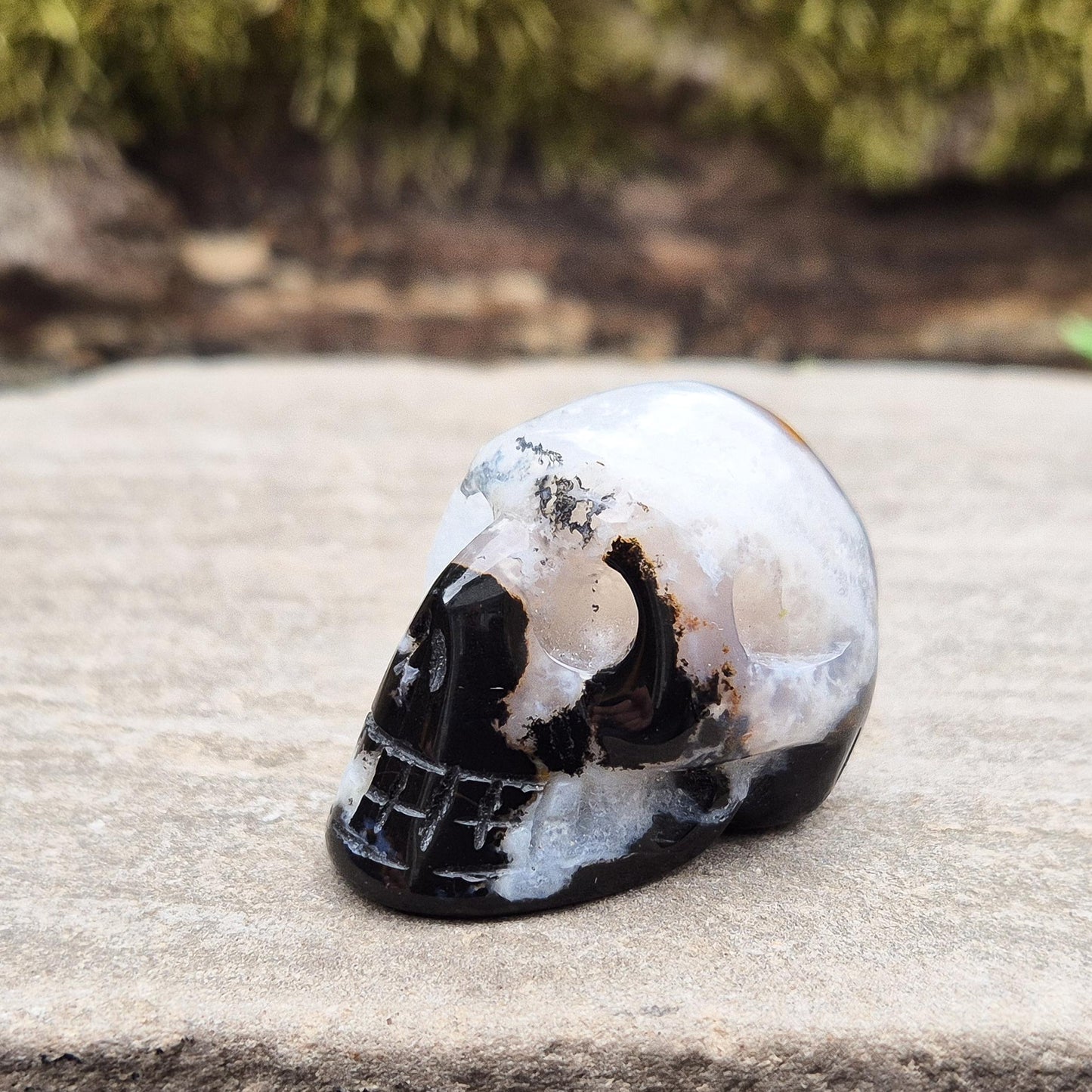 Polished Sardonyx and Jasper Skull from Brazil for wisdom, clarity, and protection. Connects you to ancestral strength and inner guidance. 