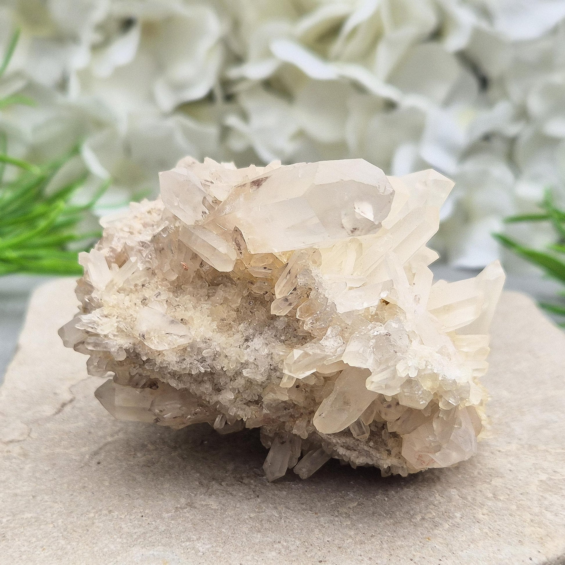 Frosted Quartz cluster from Madagascar with soft, milky points. Brings clarity, calm, and balance—perfect for energy work, meditation, or your sacred space.