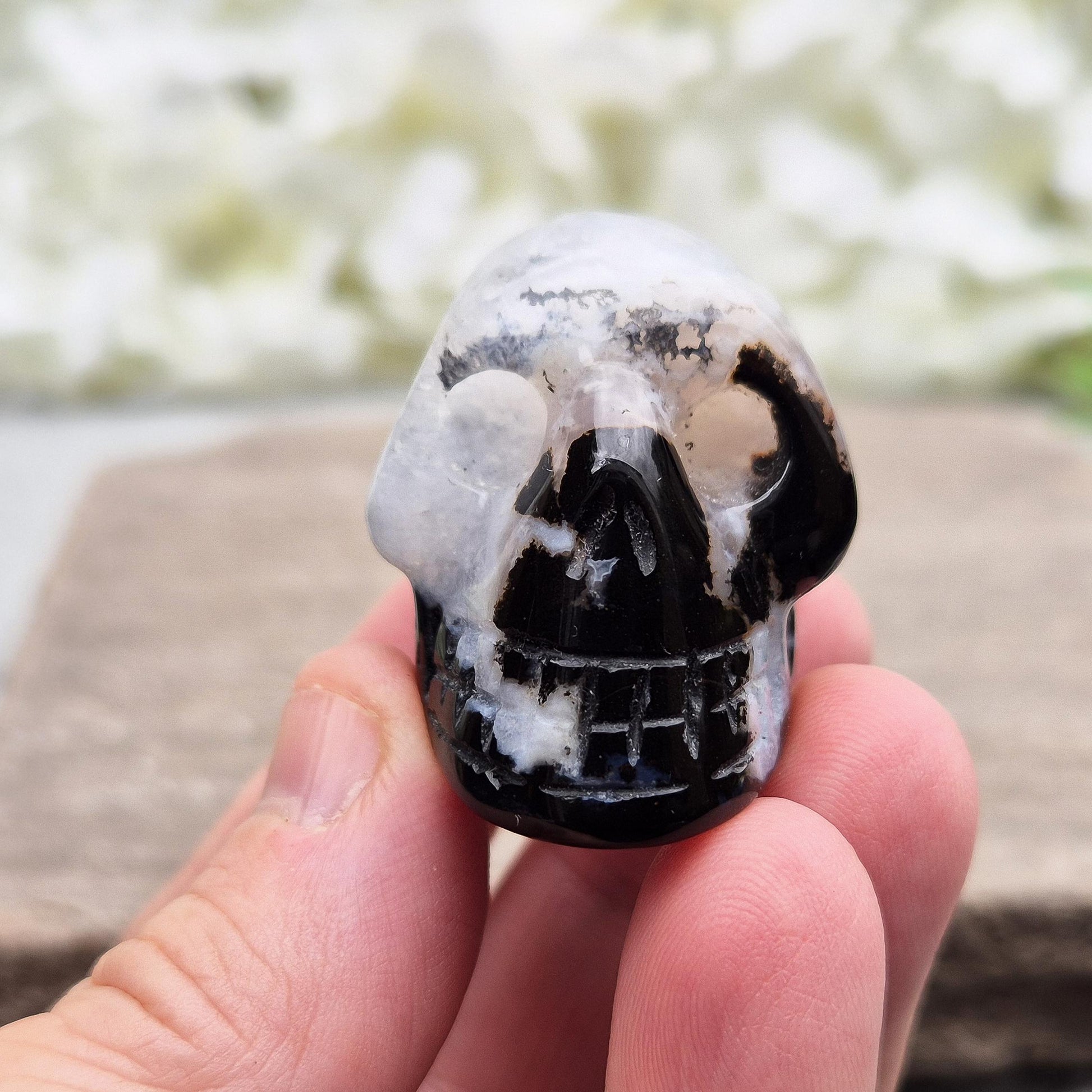 Polished Sardonyx and Jasper Skull from Brazil for wisdom, clarity, and protection. Connects you to ancestral strength and inner guidance. 