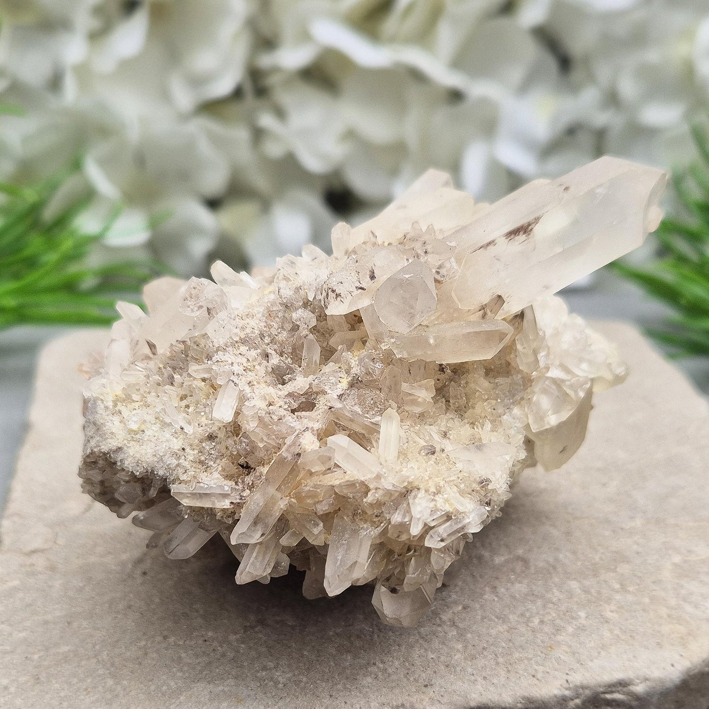 Frosted Quartz cluster from Madagascar with soft, milky points. Brings clarity, calm, and balance—perfect for energy work, meditation, or your sacred space.
