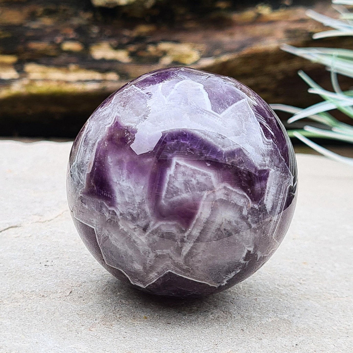 Chevron Amethyst Crystal Sphere, Amethyst with Quartz Crystal Ball, Display Stand Included