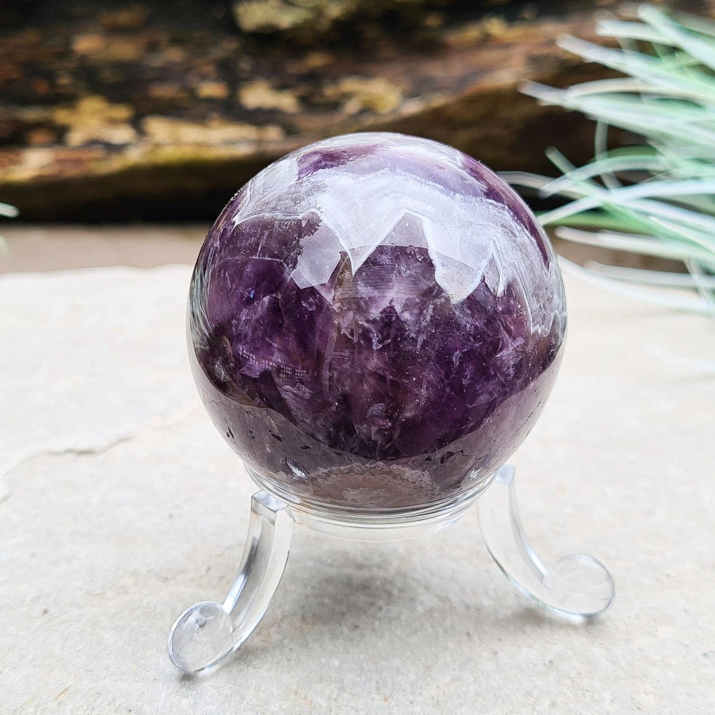Chevron Amethyst Crystal Sphere, Amethyst with Quartz Crystal Ball, Display Stand Included