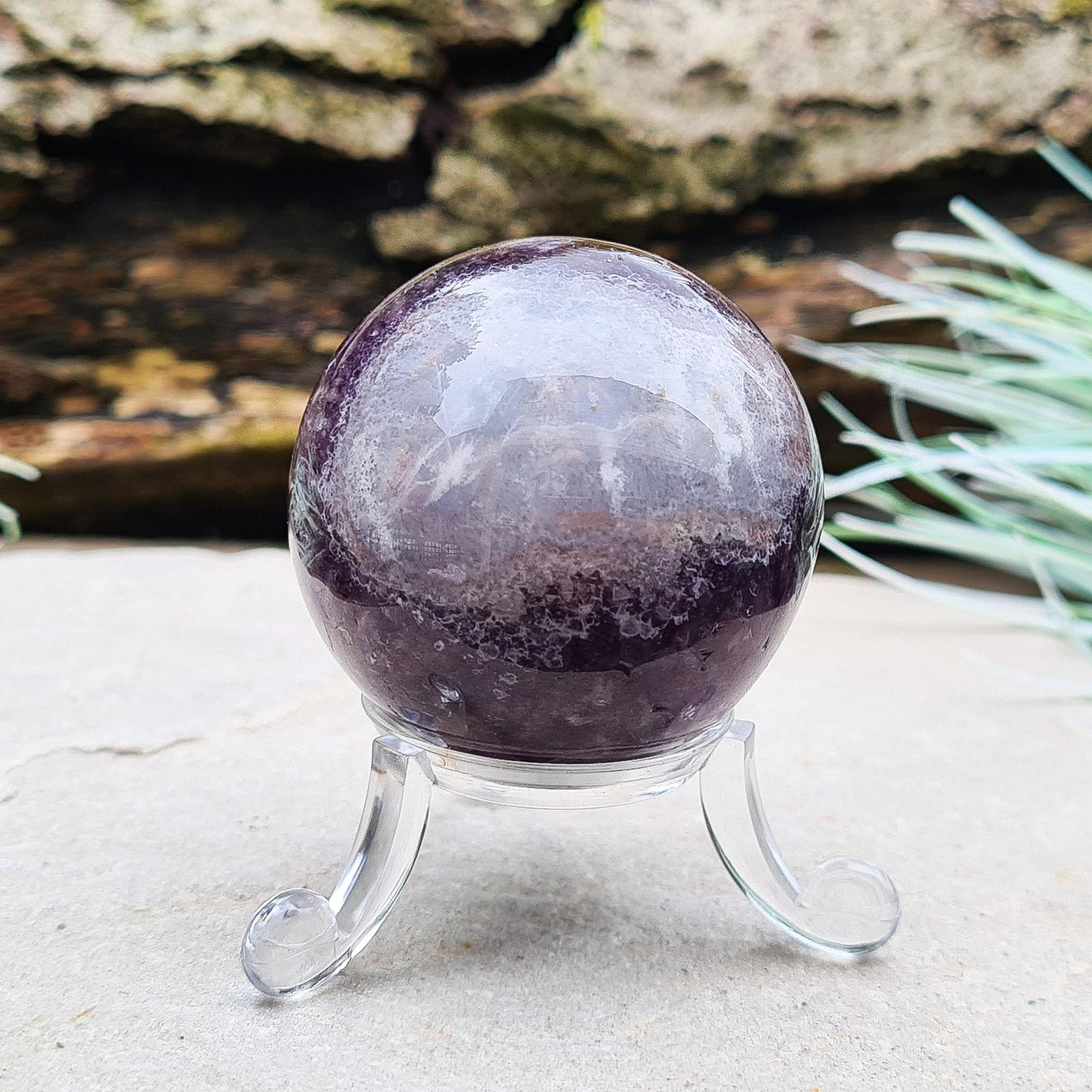 Chevron Amethyst Crystal Sphere, Amethyst with Quartz Crystal Ball, acrylic stand Included