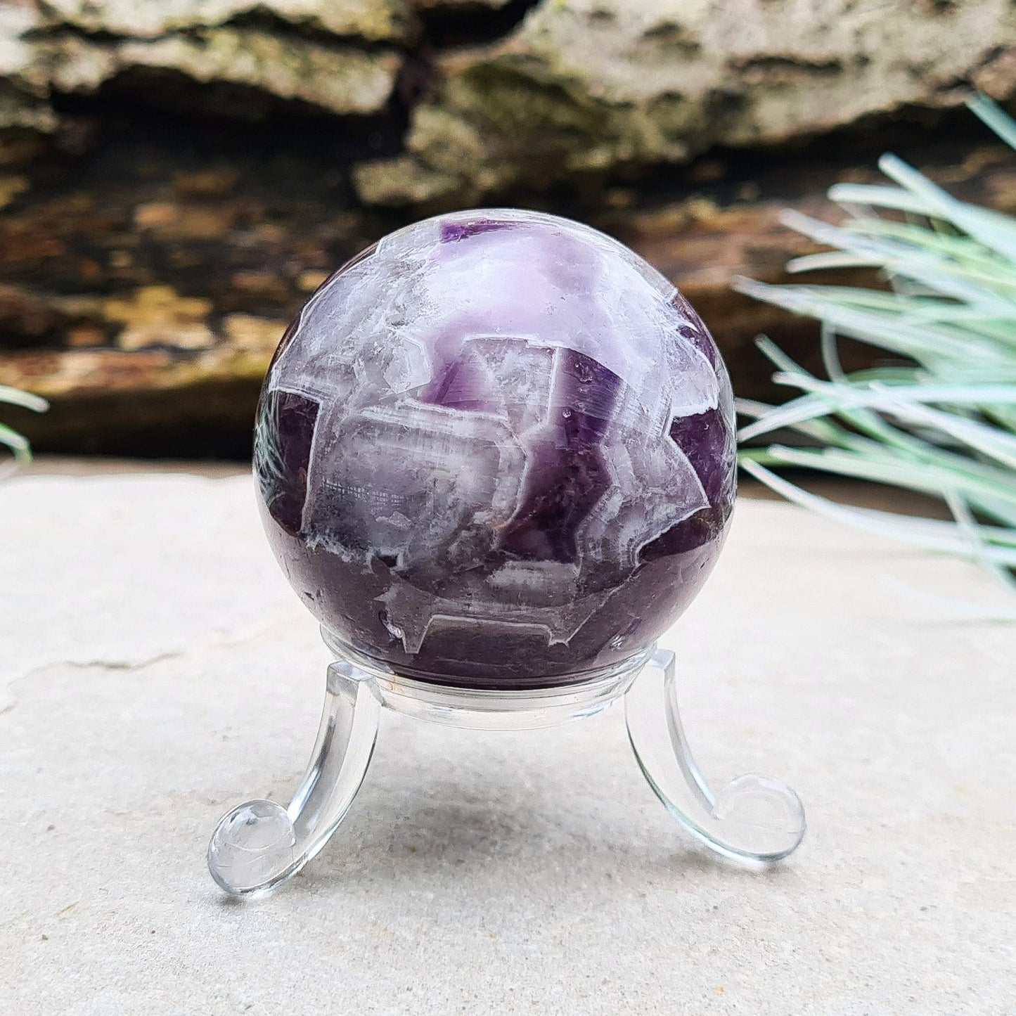 Chevron Amethyst Crystal Sphere, Amethyst with Quartz Crystal Ball, acrylic stand Included