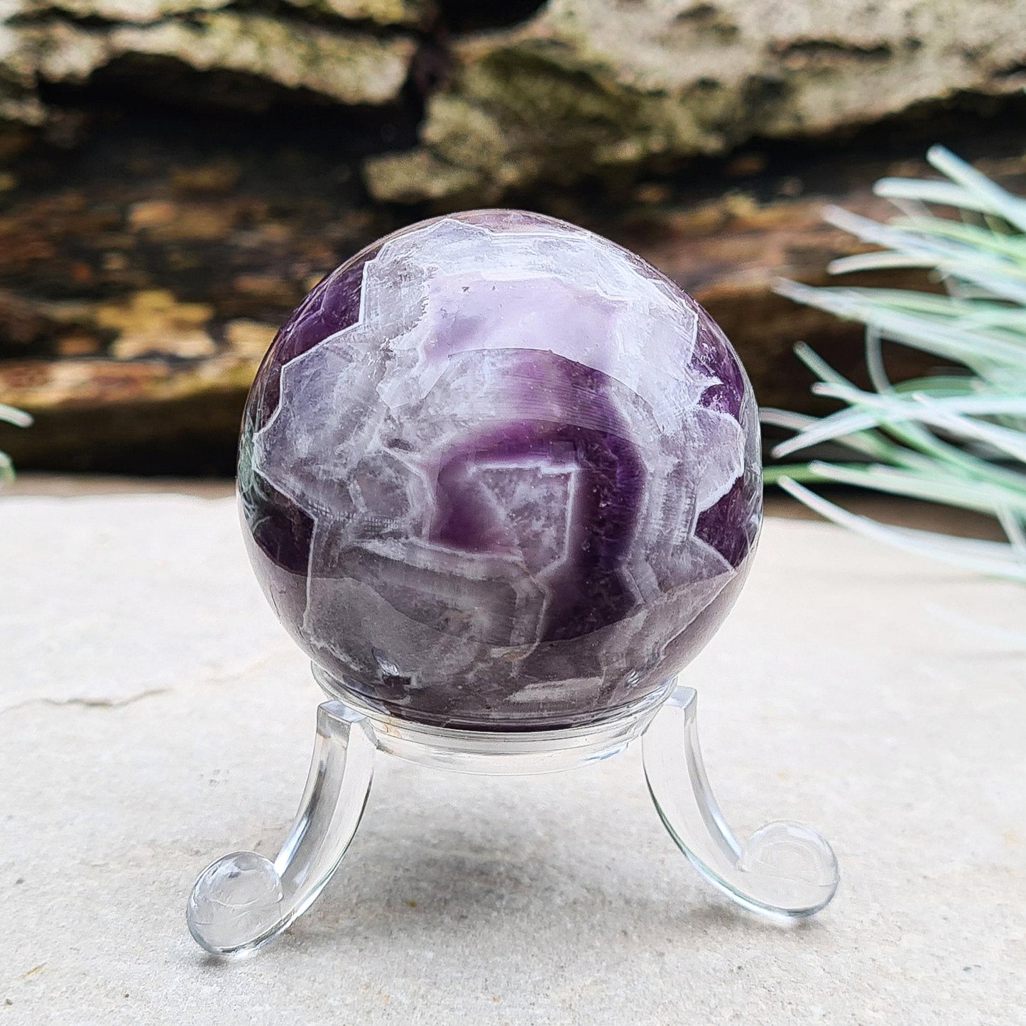 Chevron Amethyst Crystal Sphere, Amethyst with Quartz Crystal Ball, Display Stand Included