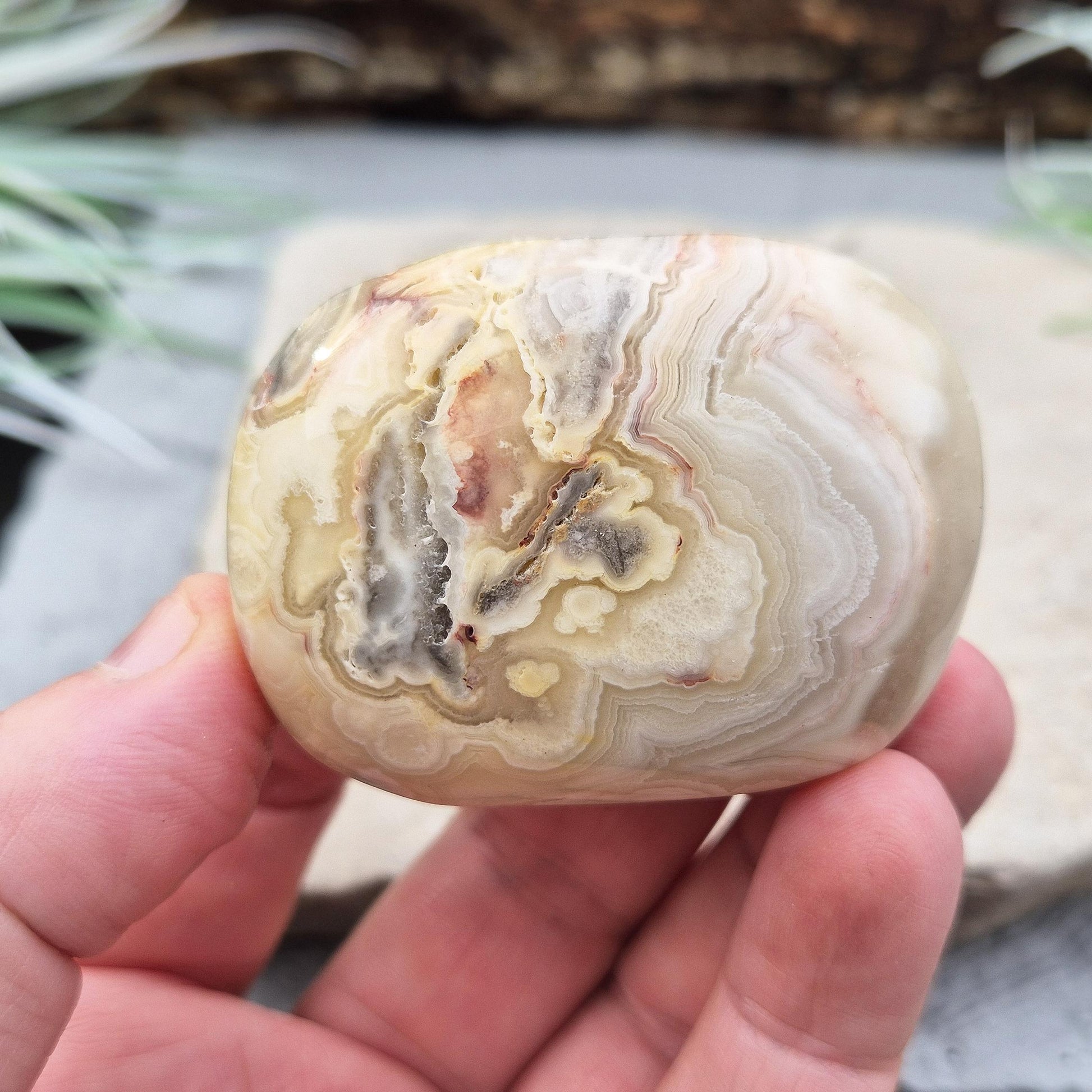 Discover natural Crazy Lace Agate palm stones from Mexico. Known for uplifting, grounding energy, optimism, emotional balance, and everyday positivity.