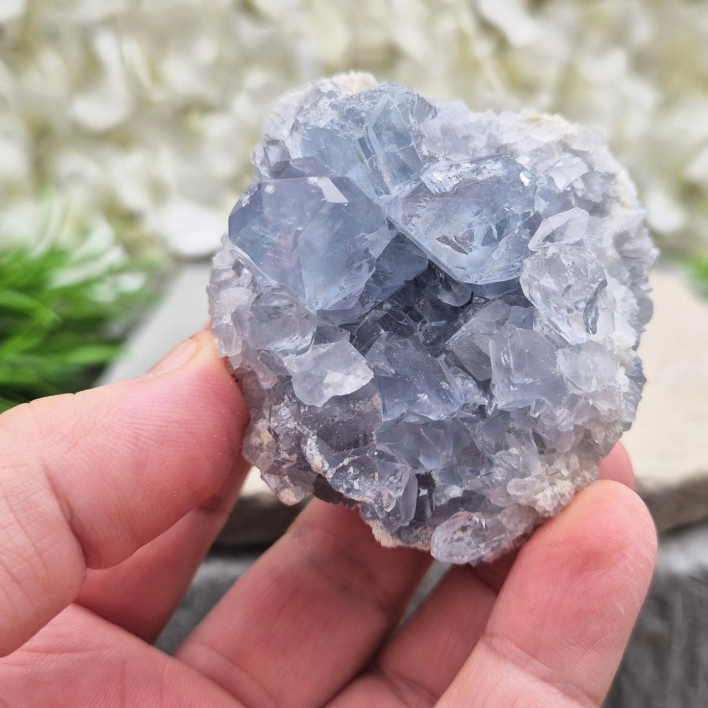 Sparkling Celestite cluster from Madagascar. A calming, uplifting crystal for peace, creativity, spiritual connection, and angelic guidance.