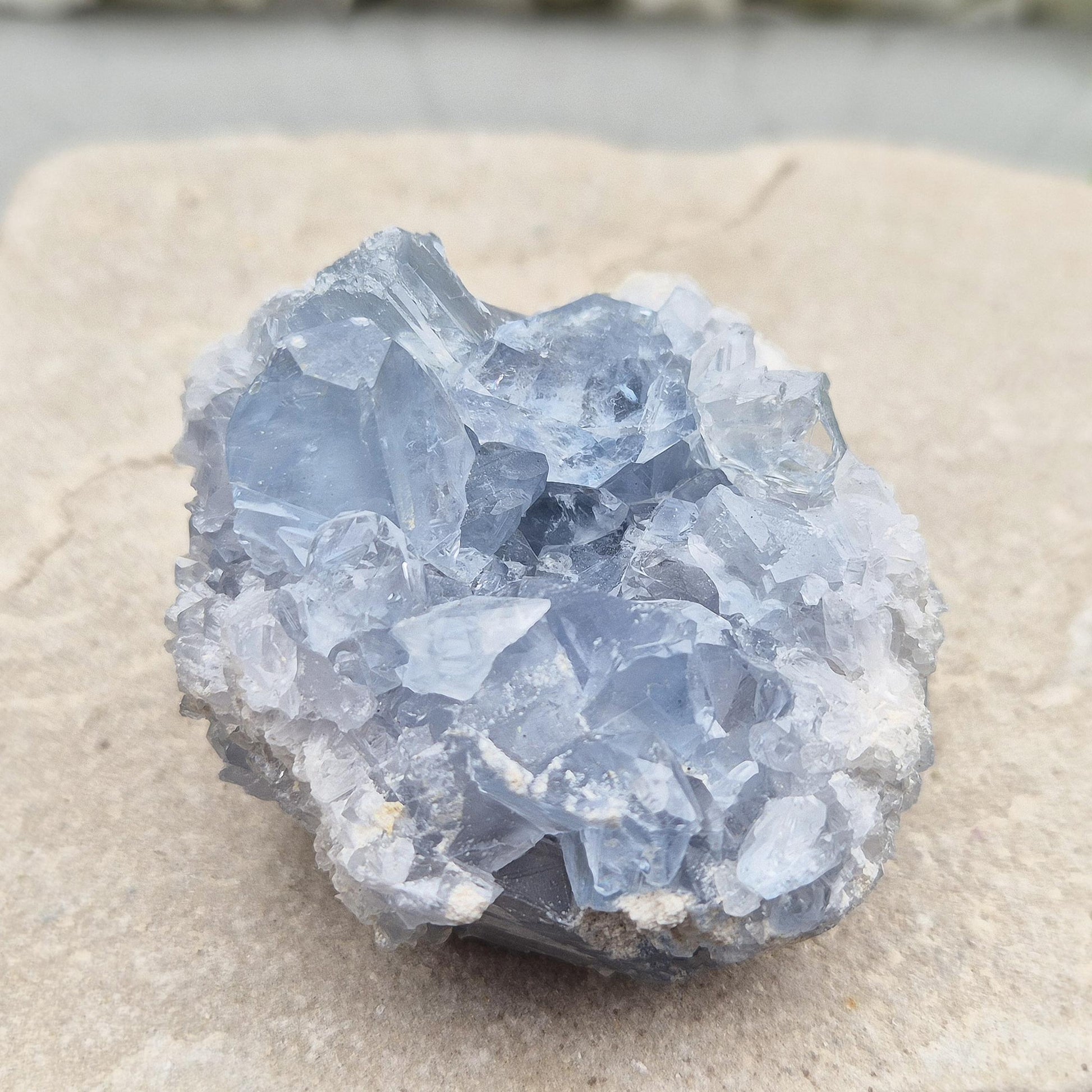 Sparkling Celestite cluster from Madagascar. A calming, uplifting crystal for peace, creativity, spiritual connection, and angelic guidance.