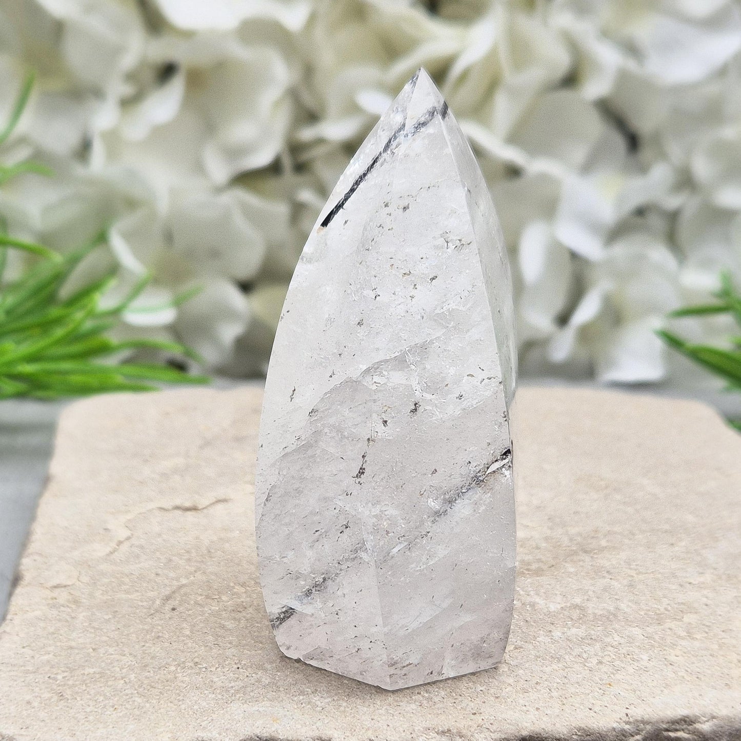 Tourmalinated Quartz Crystal Flame ideal for anchoring your intentions and protecting your space while enhancing spiritual clarity. Display in your home.