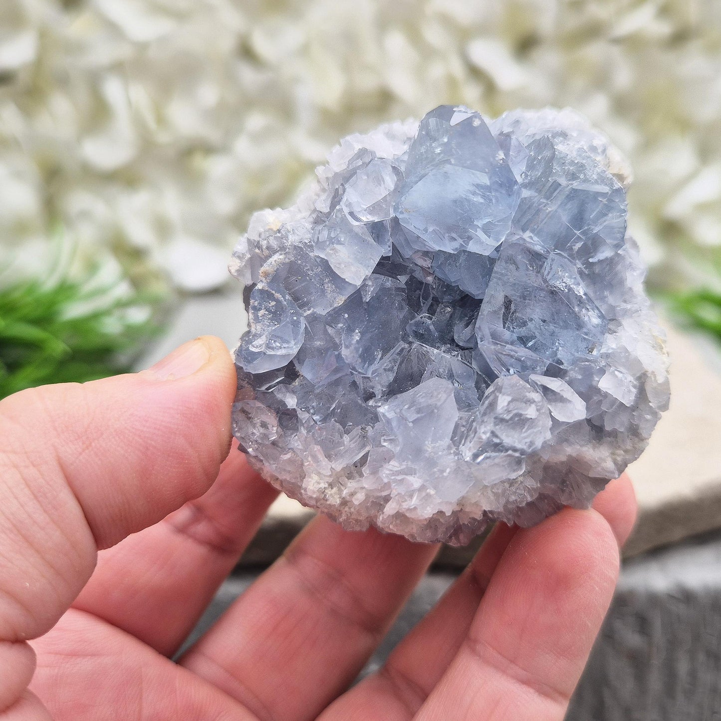 Sparkling Celestite cluster from Madagascar. A calming, uplifting crystal for peace, creativity, spiritual connection, and angelic guidance.
